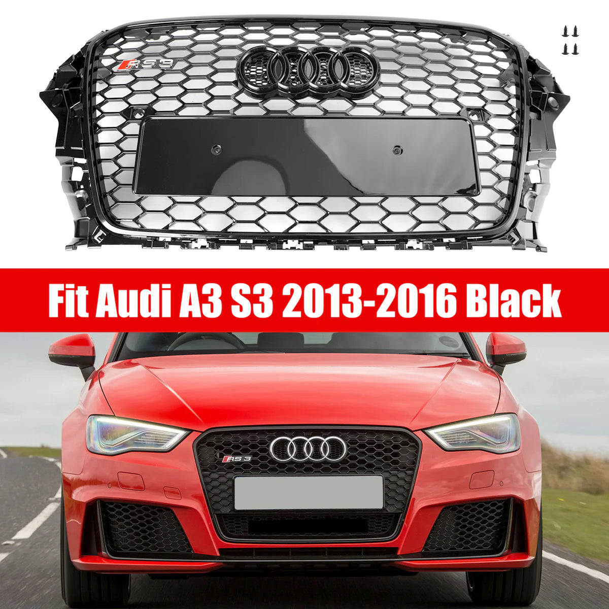 RS3 Style Audi A3 S3 2013-2016 Capot avant Henycomb Grille de pare-chocs Noir