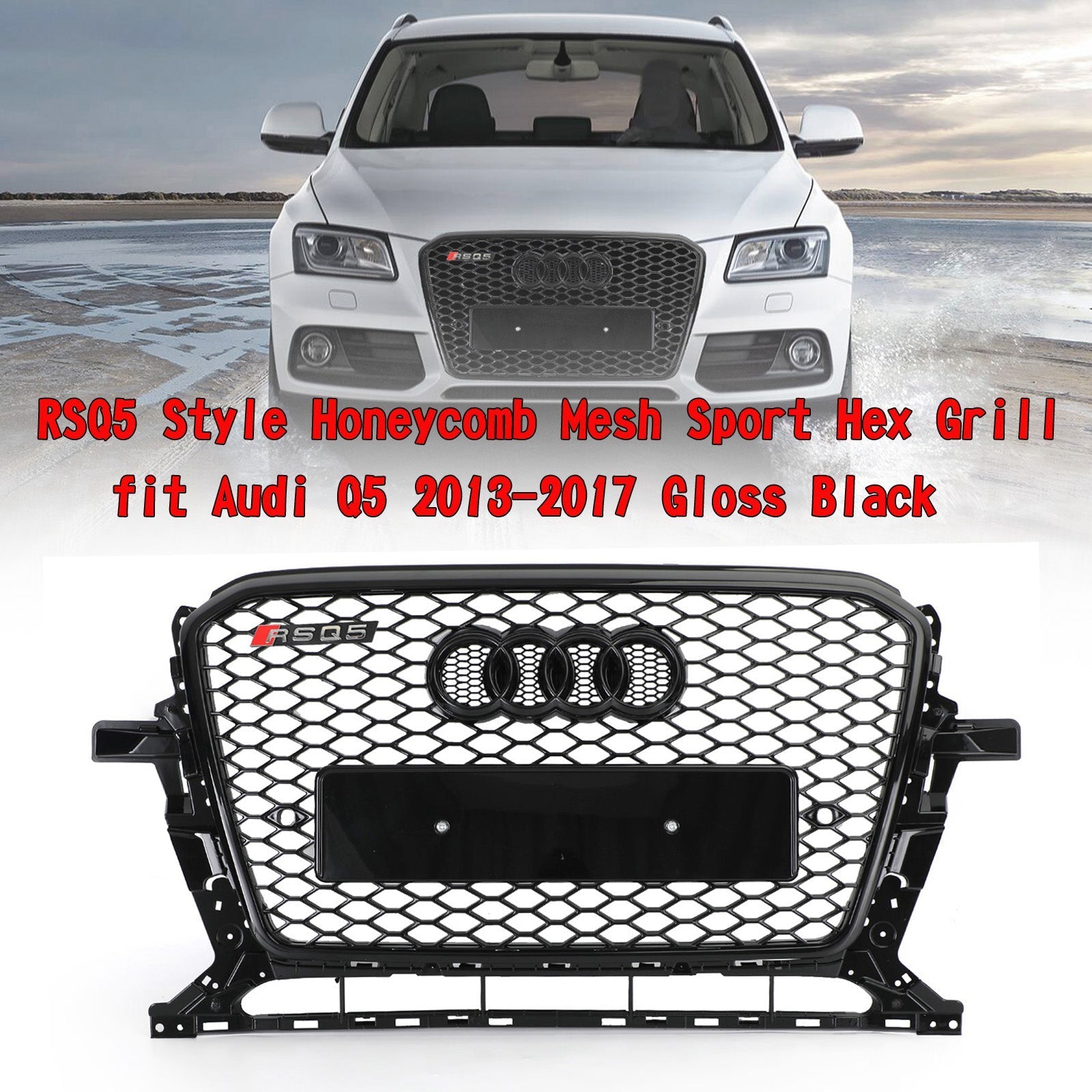 Grille sportive RSQ5 style nid d'abeille en maille adaptée pour Audi Q5 2013-2017, noir brillant