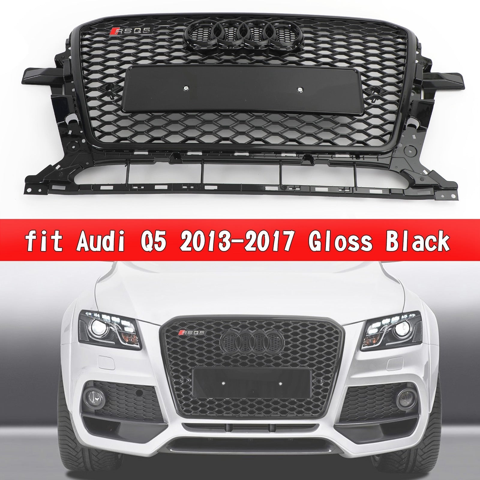 Grille sportive RSQ5 style nid d'abeille en maille adaptée pour Audi Q5 2013-2017, noir brillant