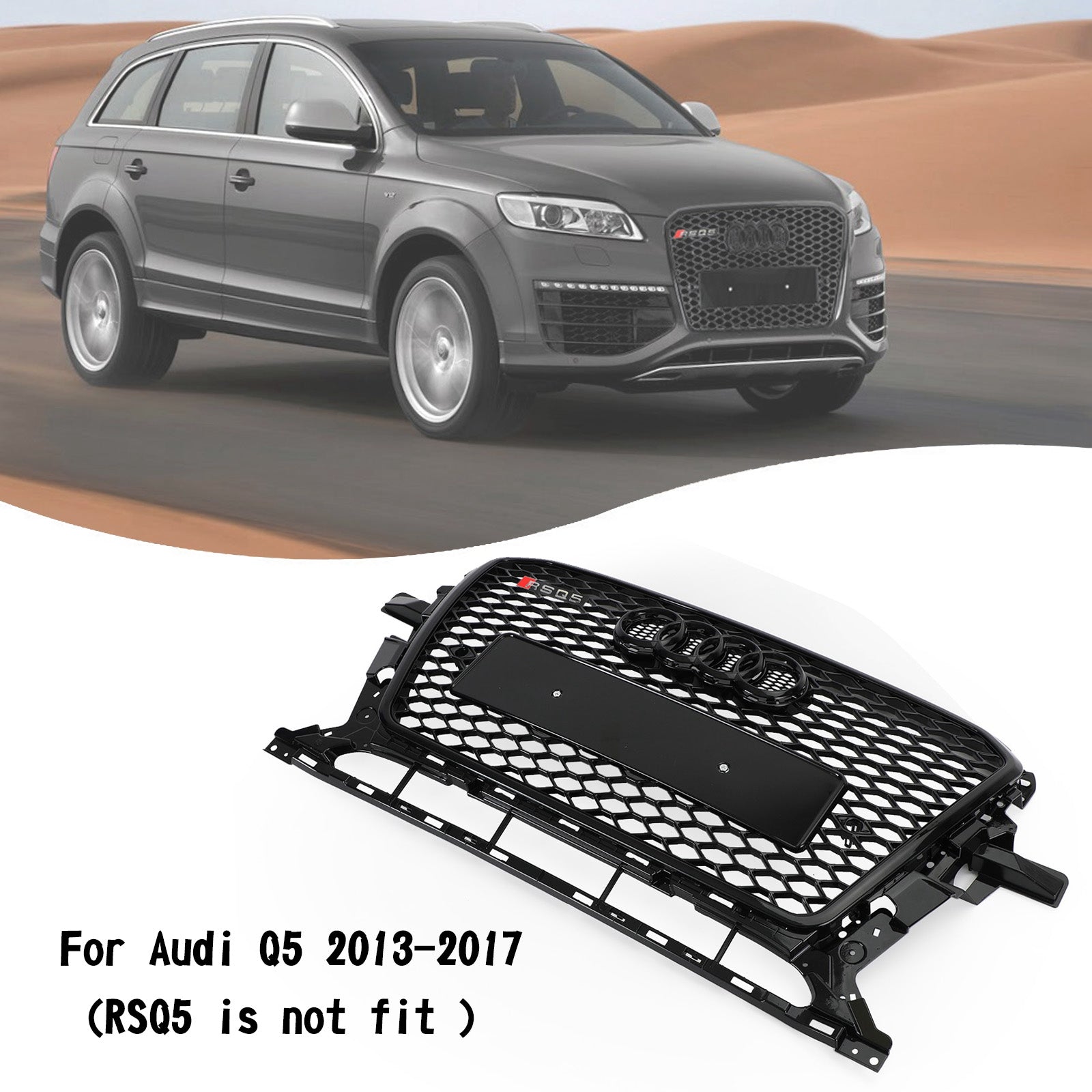 Grille sportive RSQ5 style nid d'abeille en maille adaptée pour Audi Q5 2013-2017, noir brillant