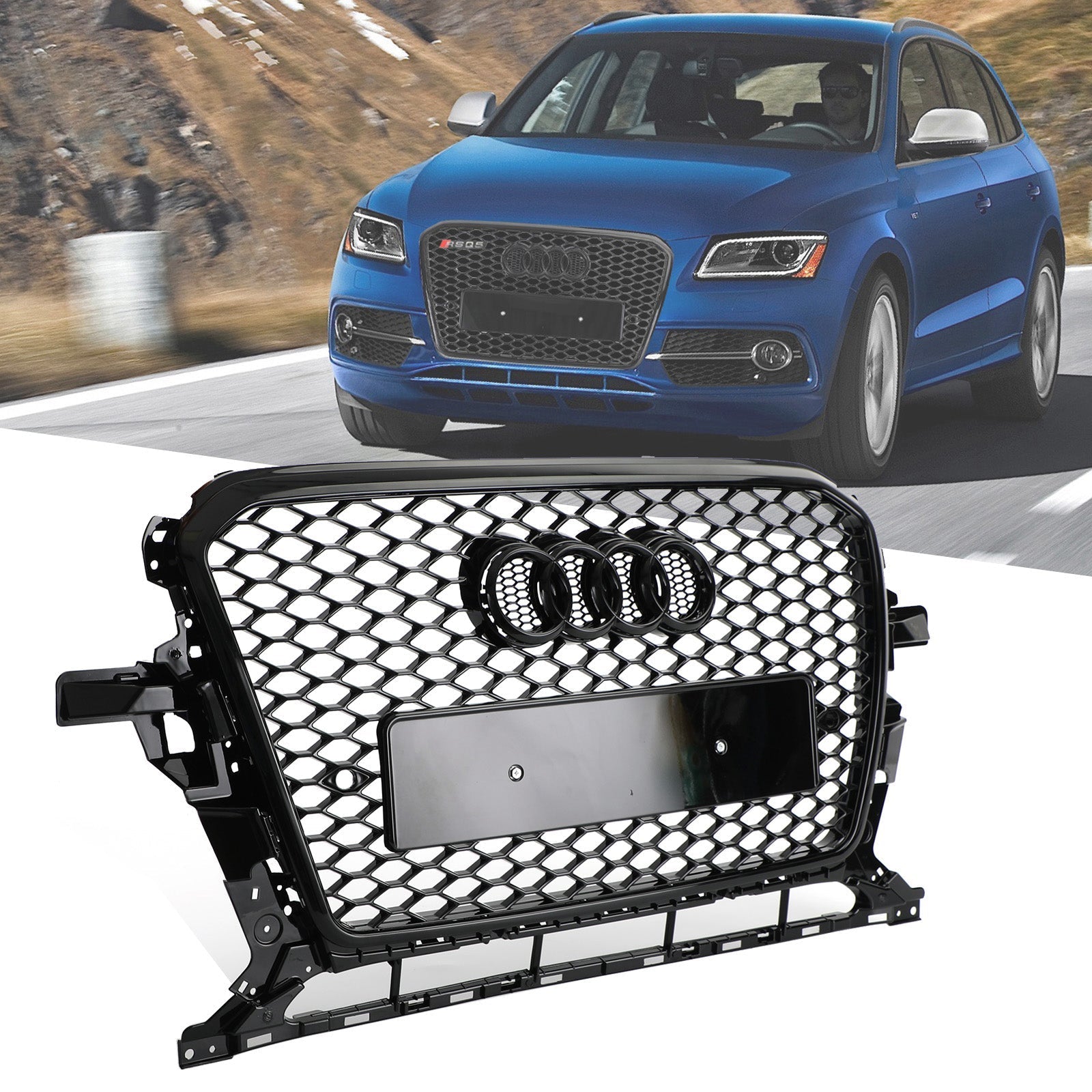 Grille sportive RSQ5 style nid d'abeille en maille adaptée pour Audi Q5 2013-2017, noir brillant