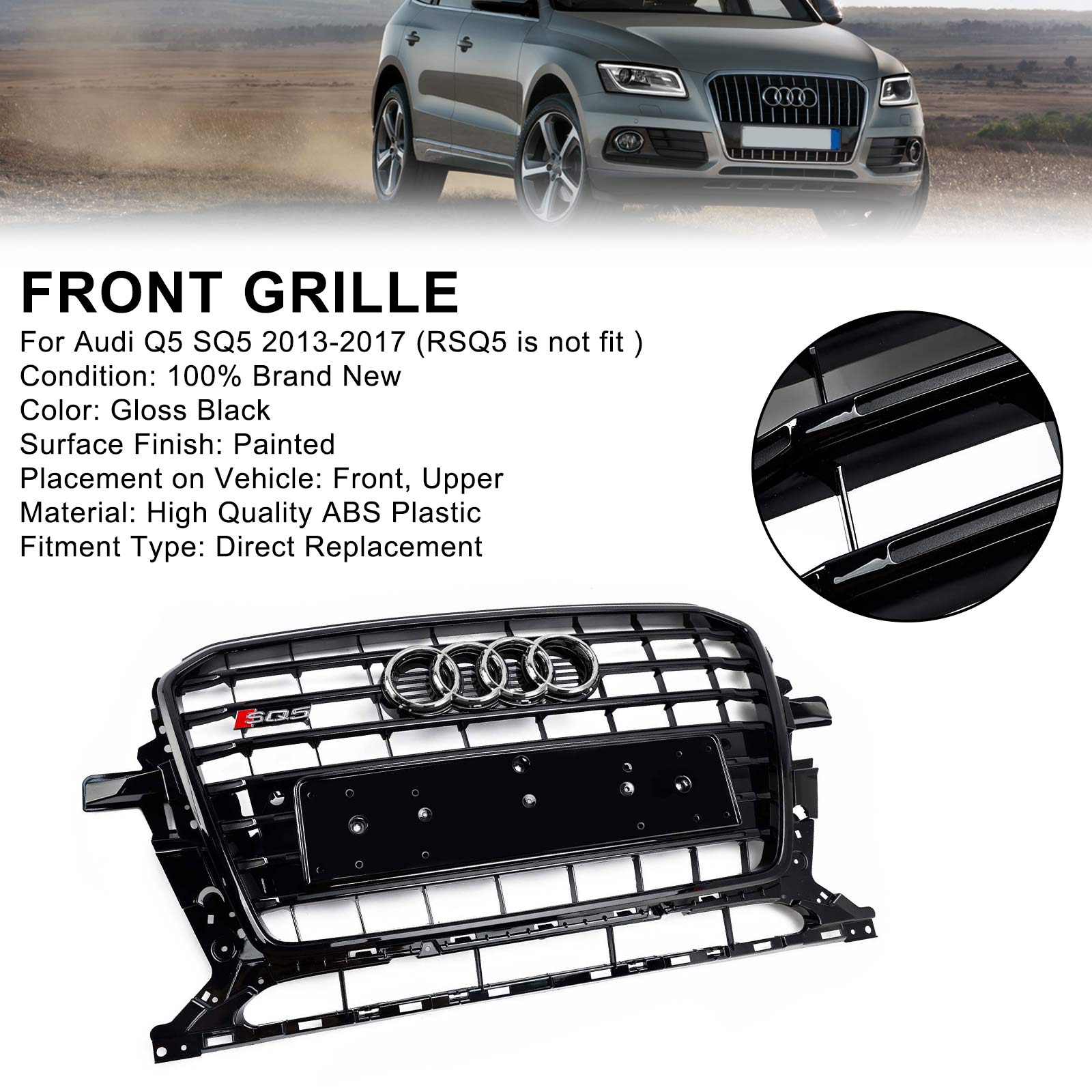 2013-2017 Audi Q5 SQ5 8R Negro RSQ5 Estilo Honeycomb Mesh Sport Hex Grill