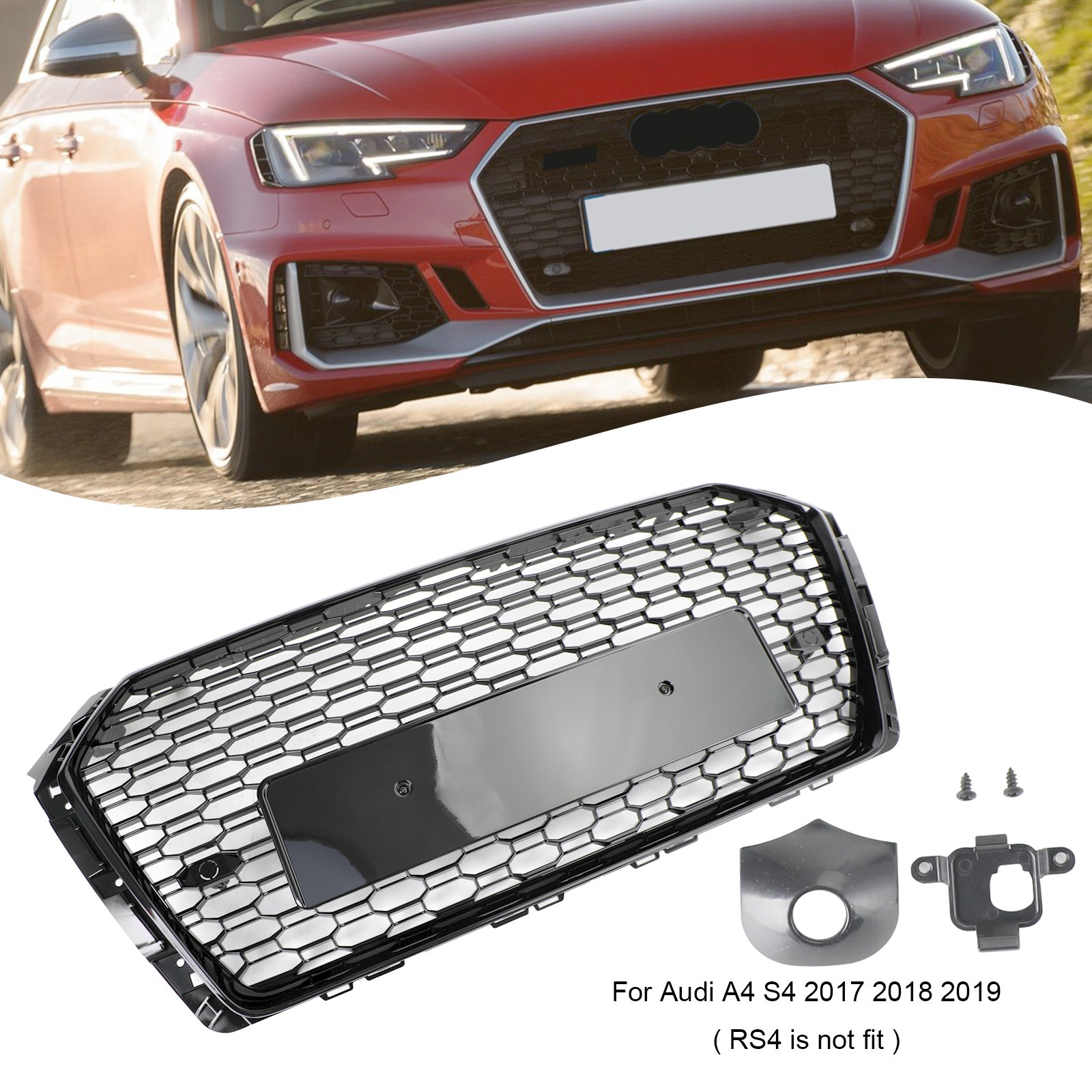 Parrilla hexagonal tipo panal para Audi A4/S4 B9 2017-2019, estilo RS4, color negro