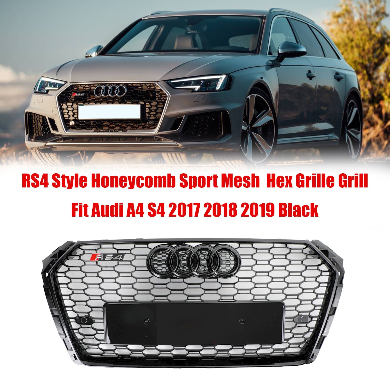 Grille de voiture en maille nid d'abeille hexagonale style RS4 noire pour Audi B9 2017-2019