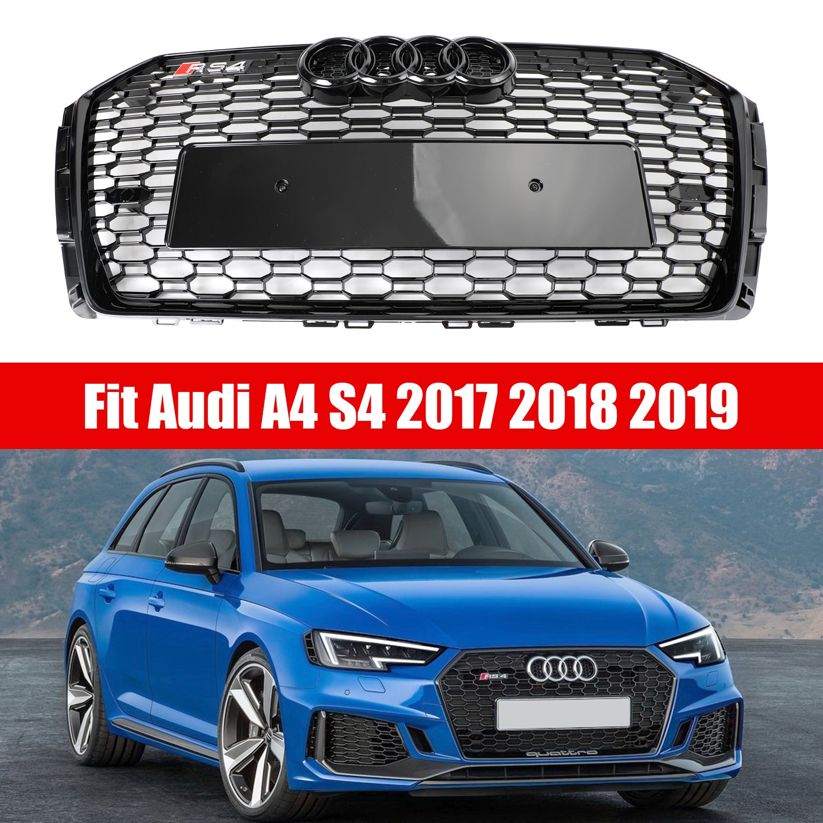 Grille de voiture en maille nid d'abeille hexagonale style RS4 noire pour Audi B9 2017-2019