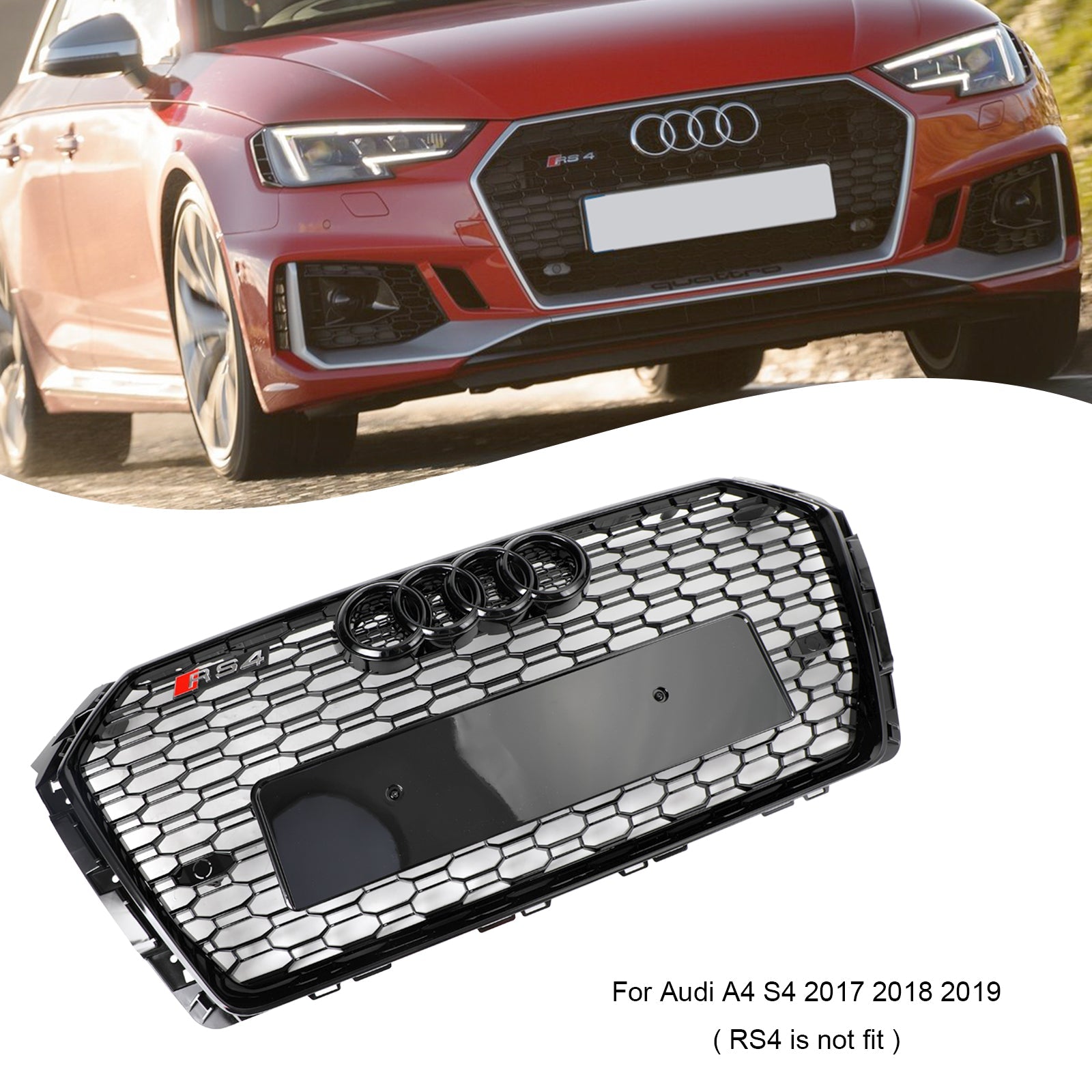 Grille de voiture en maille nid d'abeille hexagonale style RS4 noire pour Audi B9 2017-2019