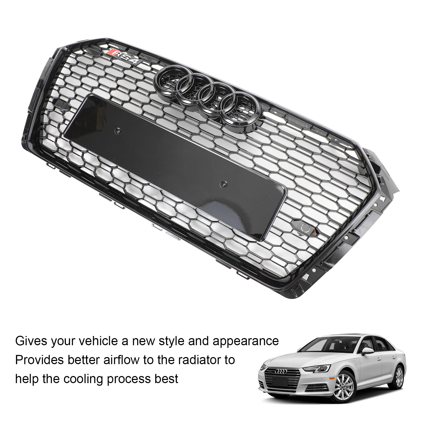 Grille de voiture en maille nid d'abeille hexagonale style RS4 noire pour Audi B9 2017-2019