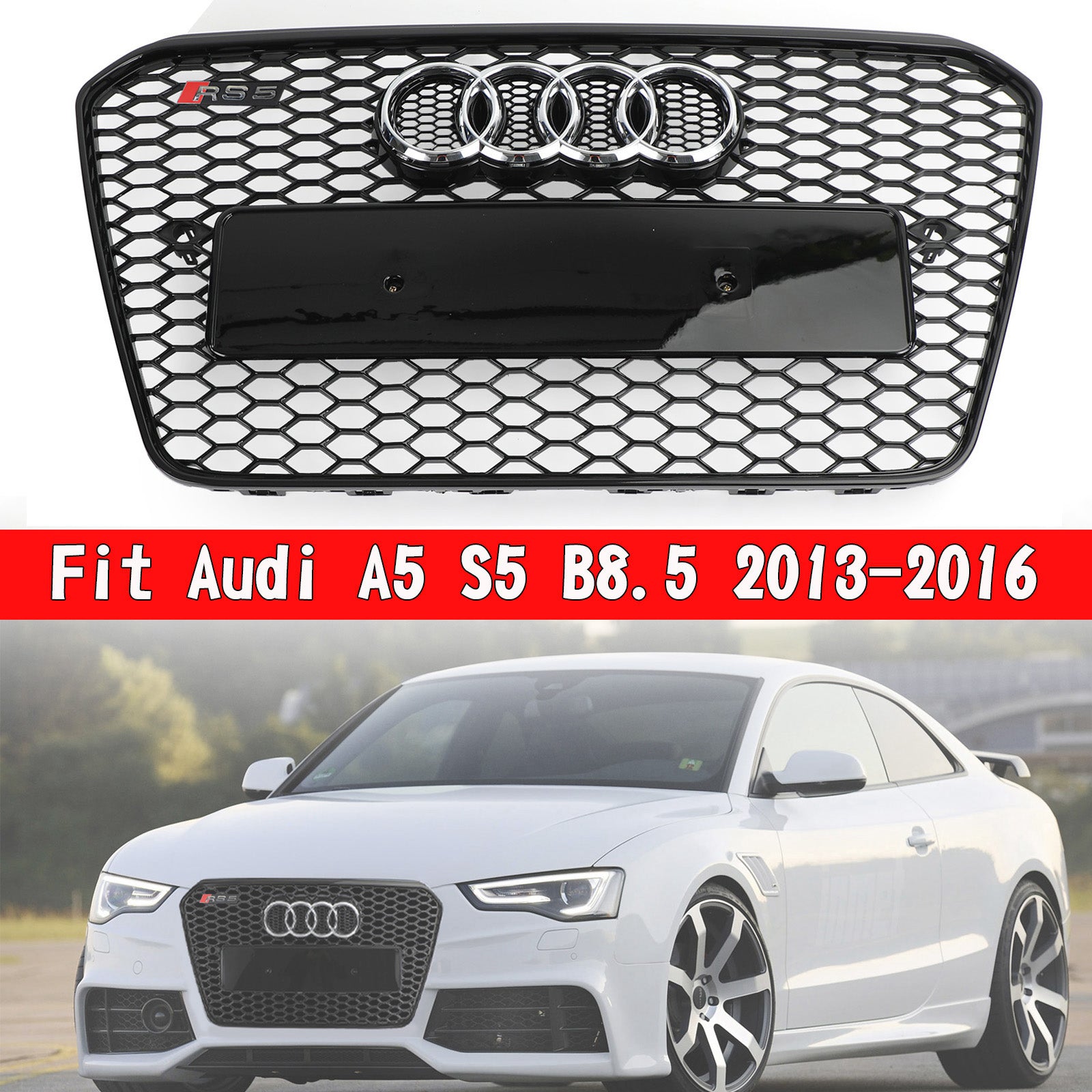 Parachoques delantero estilo RS5, rejilla de panal, malla hexagonal, compatible con Audi A5 S5 B8.5 2013-2016