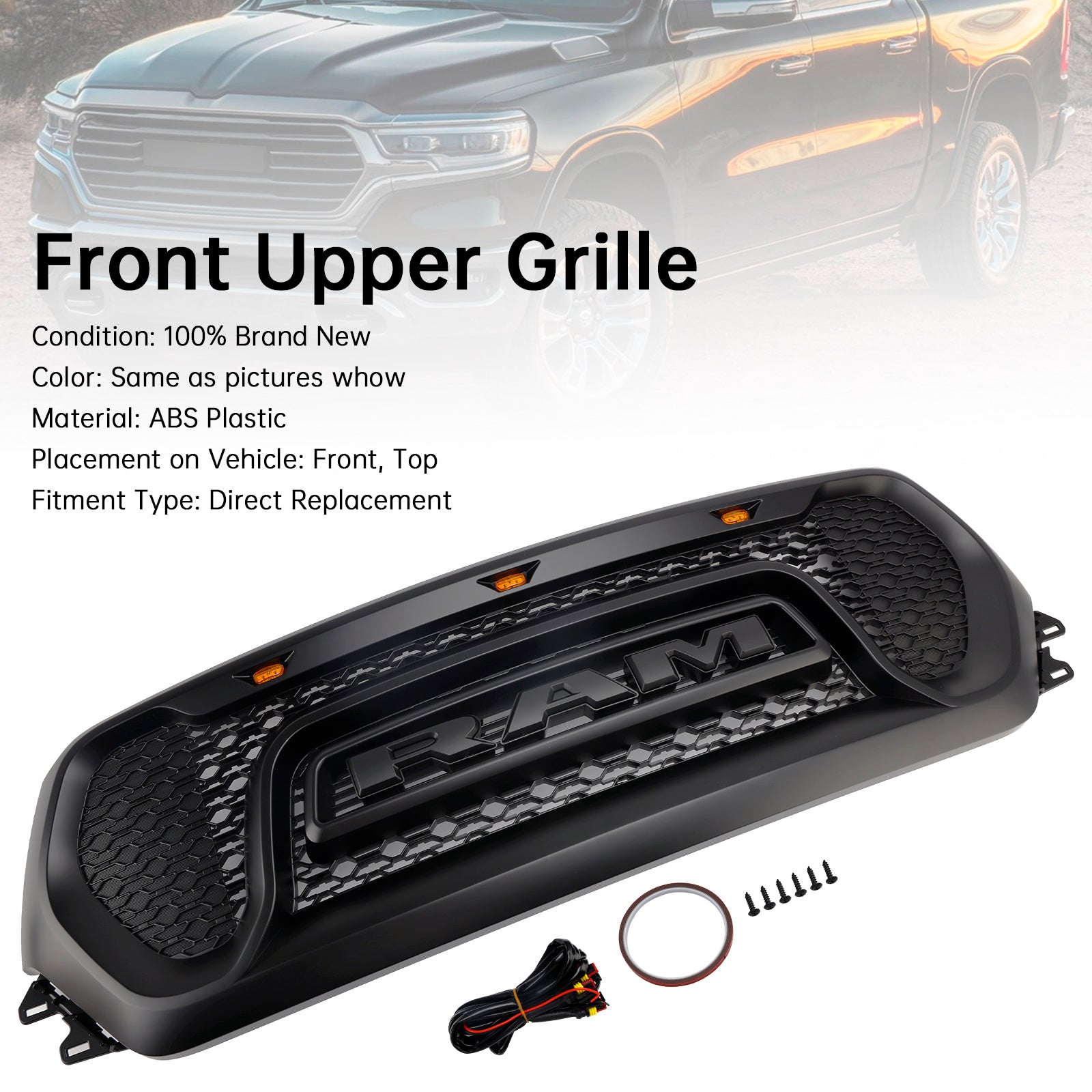 Črna zgornja maska ​​hladilnika z vzorcem satja'čebela za Dodge Ram 1500 (2019–2024)