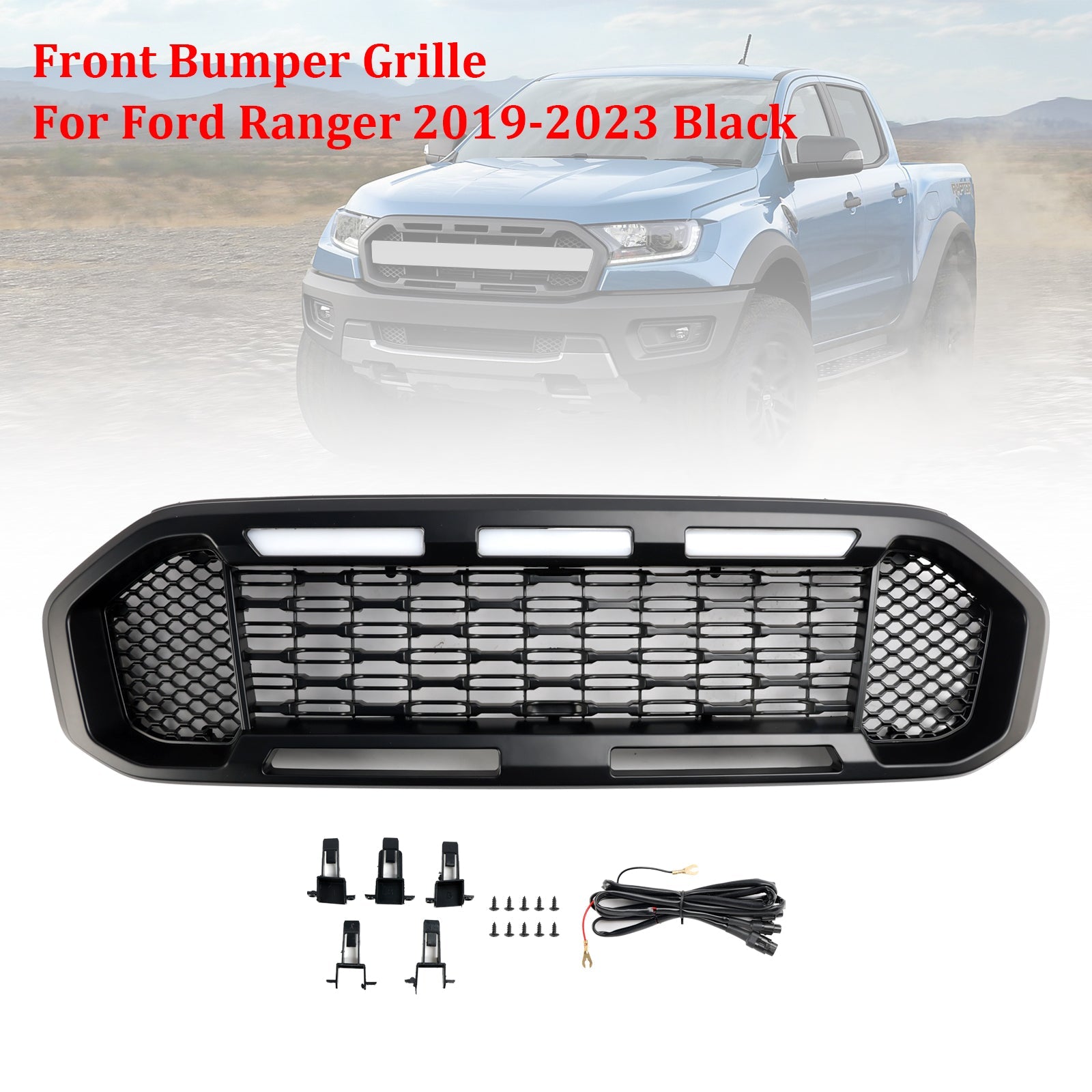 Grille de pare-chocs avant noire avec éclairage LED pour Ford Ranger T8 2019-2023