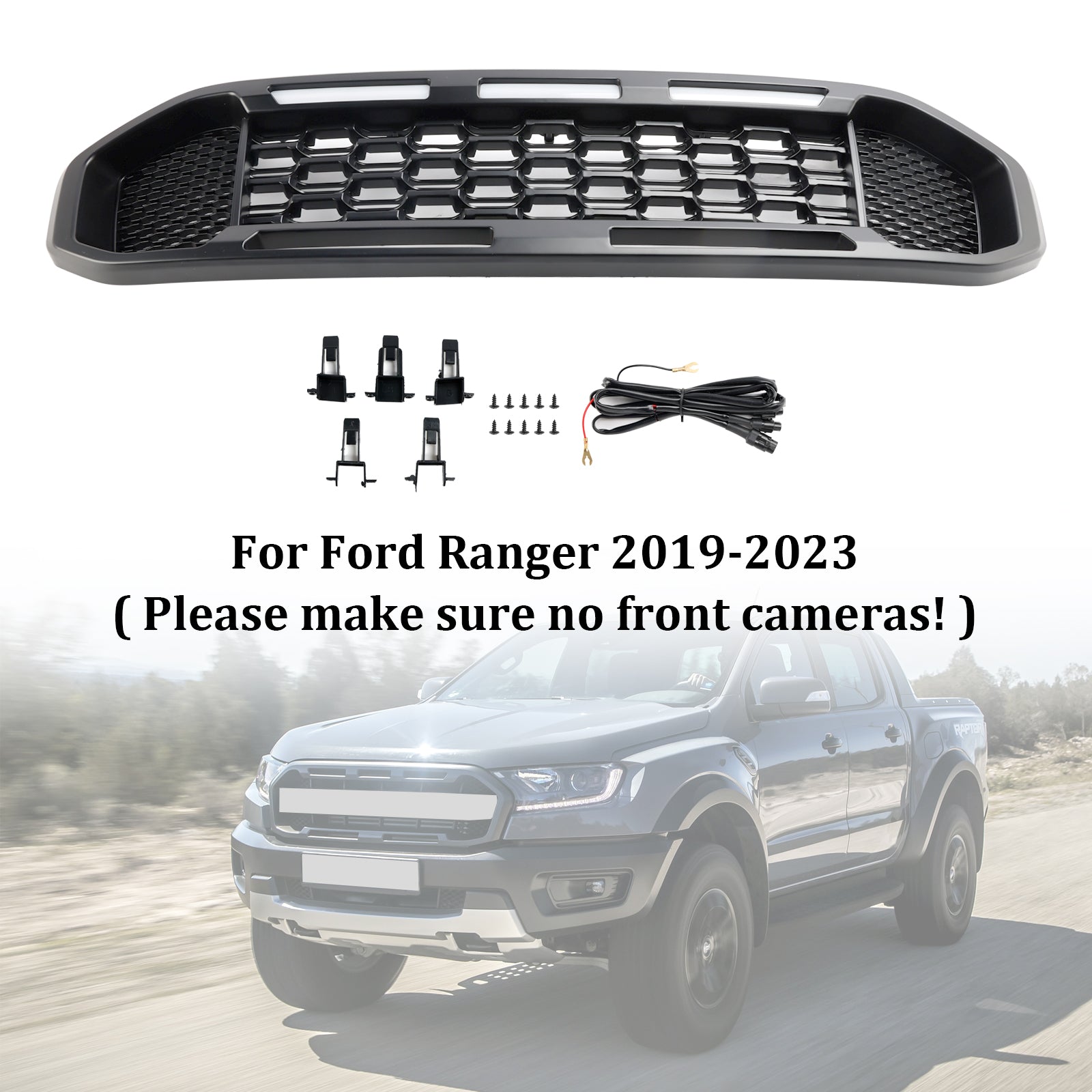 Grille de pare-chocs avant noire avec éclairage LED pour Ford Ranger T8 2019-2023