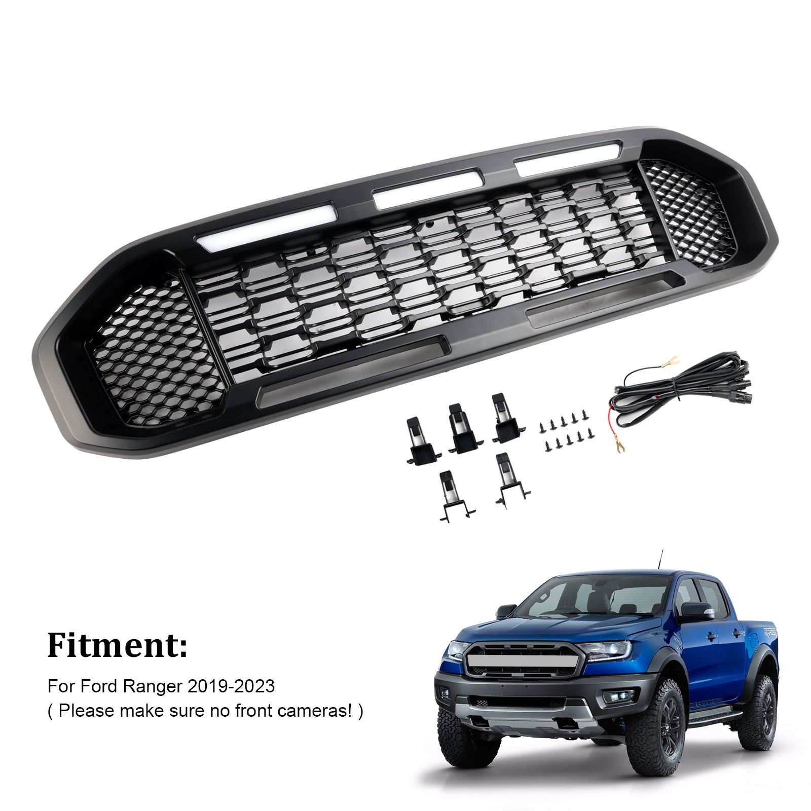 Grille de pare-chocs avant noire avec éclairage LED pour Ford Ranger T8 2019-2023