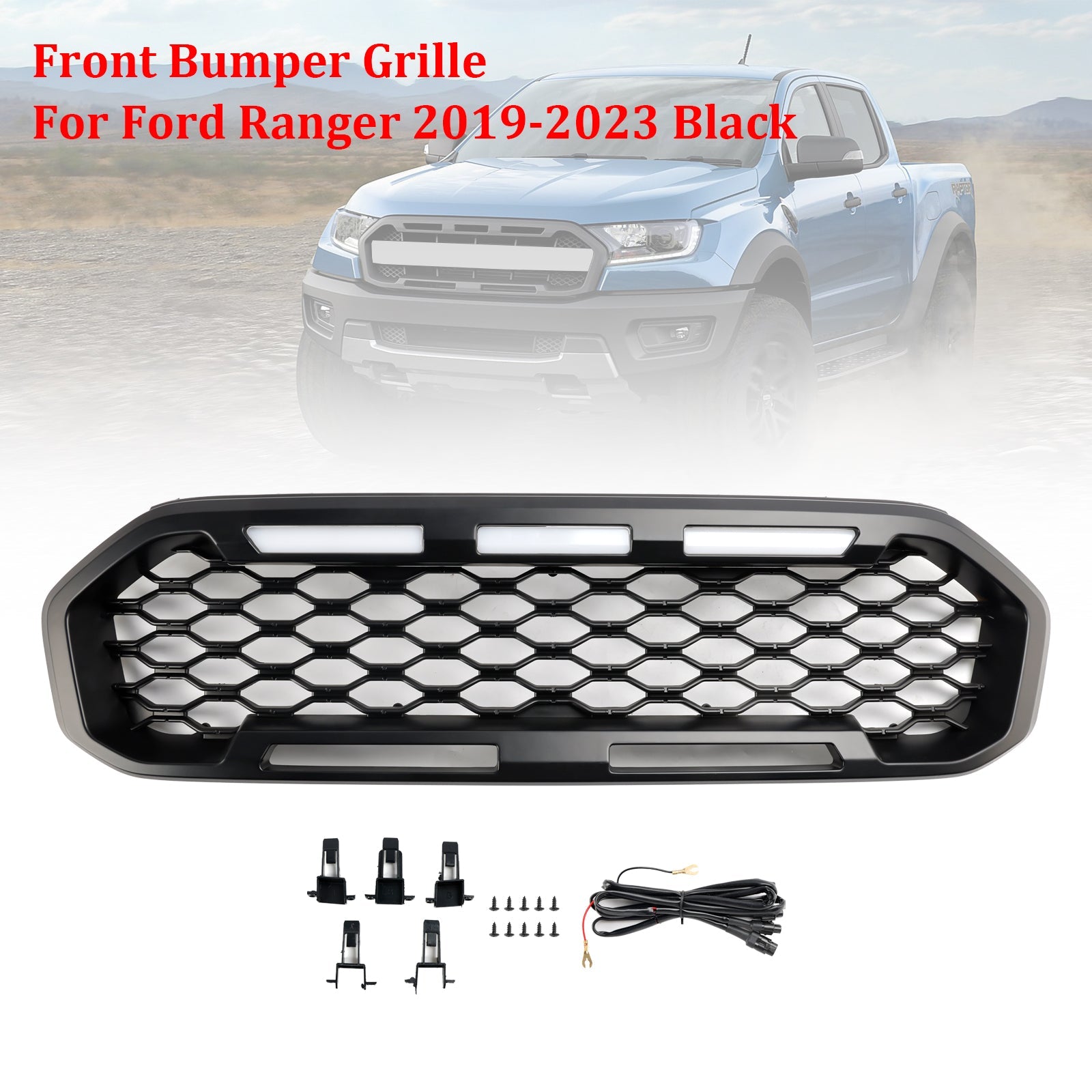 Grille de pare-chocs avant noire avec éclairage LED pour Ford Ranger T8 2019-2023
