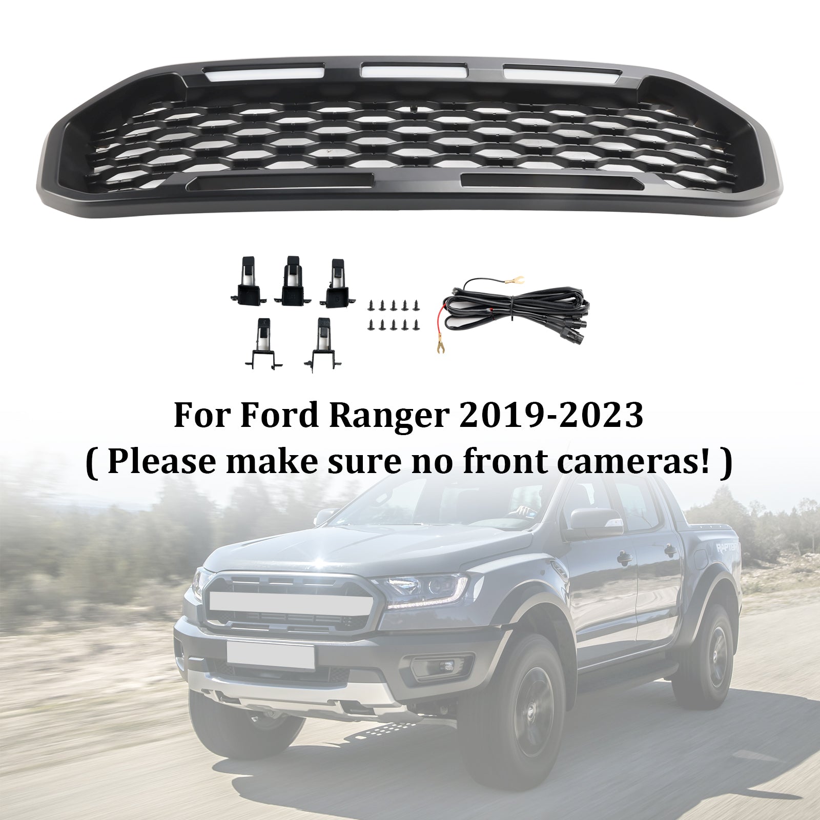 Grille de pare-chocs avant noire avec éclairage LED pour Ford Ranger T8 2019-2023