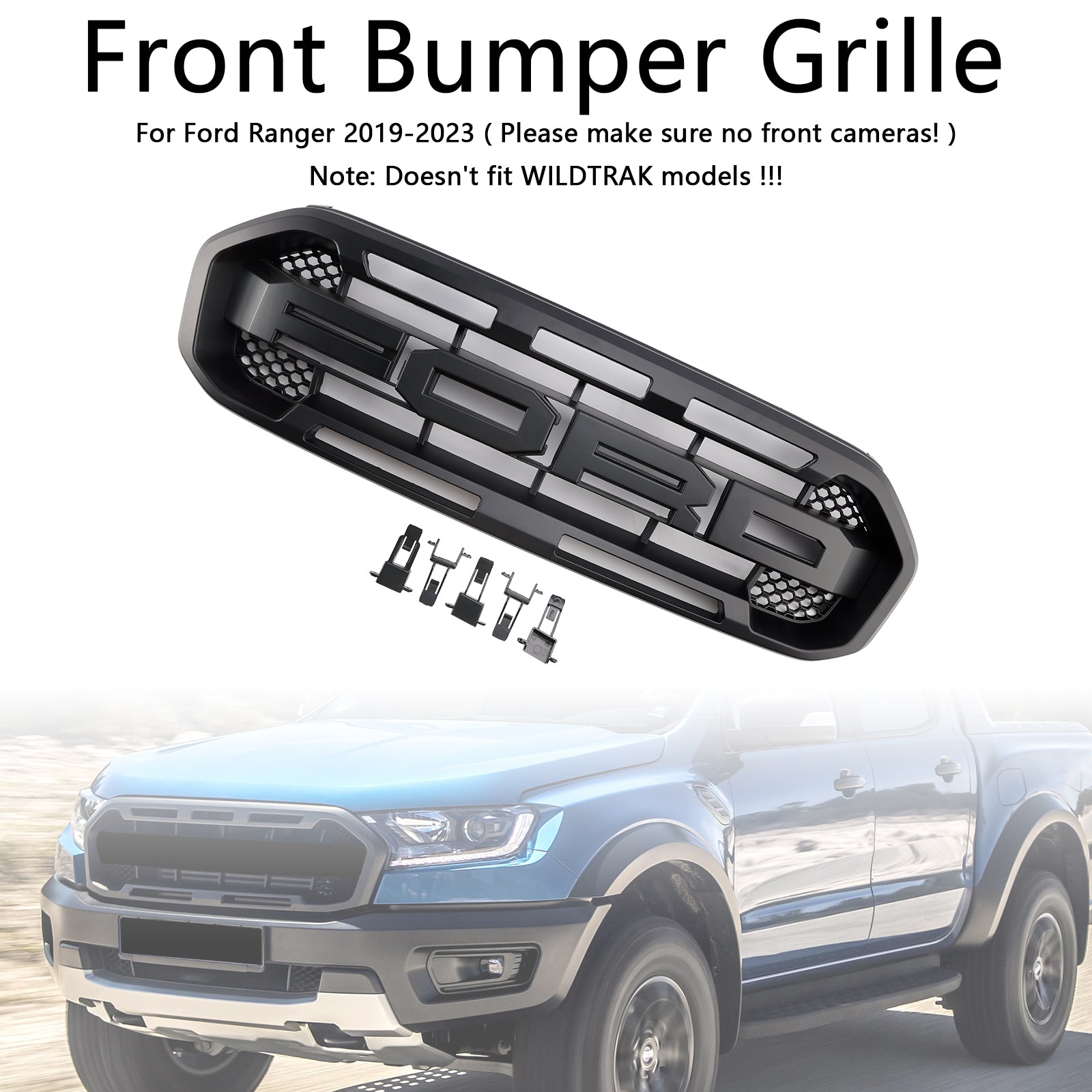 Grille de pare-chocs avant style Raptor pour Ford Ranger 2019-2023, noire