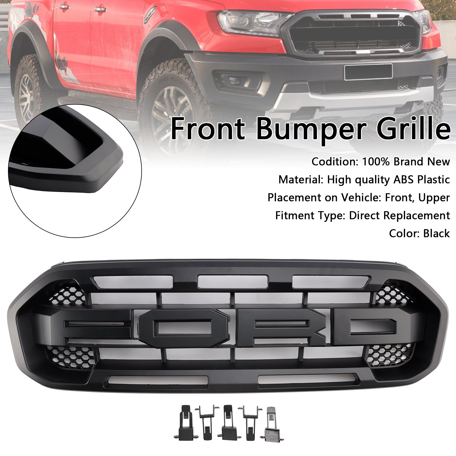 Grille de pare-chocs avant style Raptor pour Ford Ranger 2019-2023, noire
