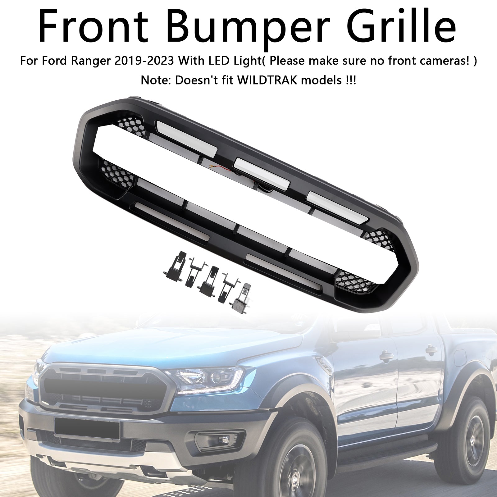 Grille de pare-chocs avant style Raptor pour Ford Ranger 2019-2023, noire