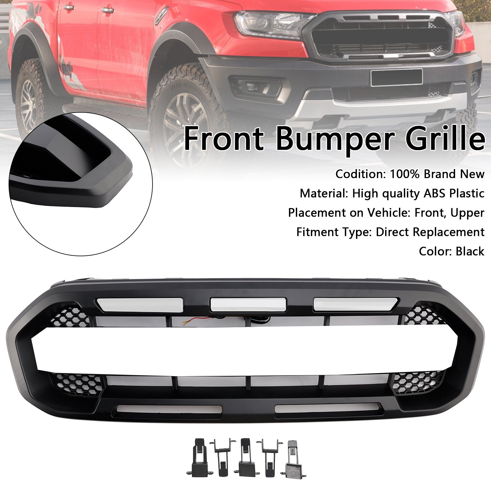 Grille de pare-chocs avant style Raptor pour Ford Ranger 2019-2023, noire