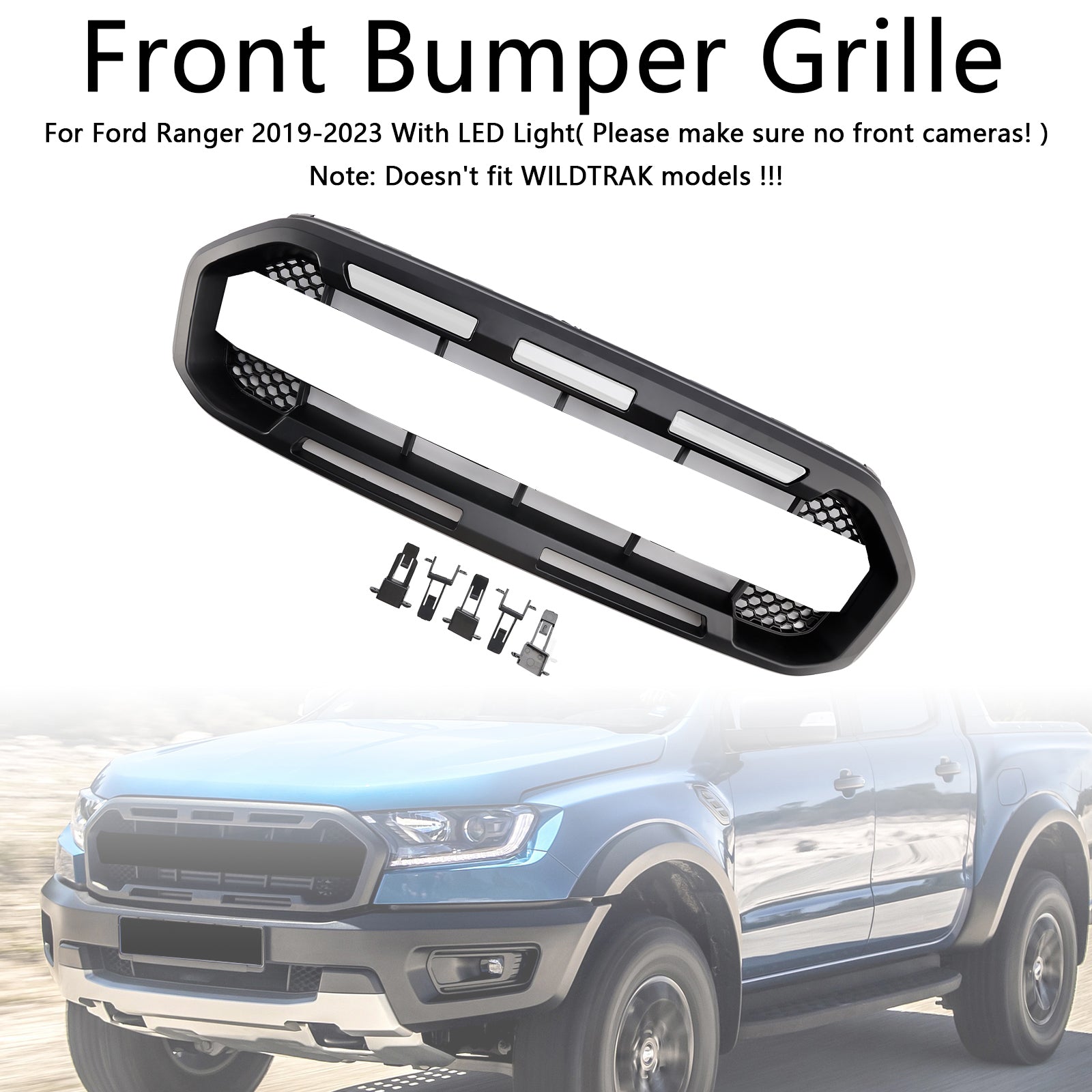 Grille de pare-chocs avant style Raptor pour Ford Ranger 2019-2023, noire