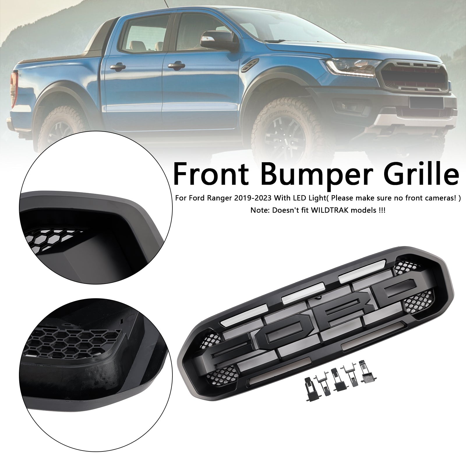 Grille de pare-chocs avant style Raptor pour Ford Ranger 2019-2023, noire