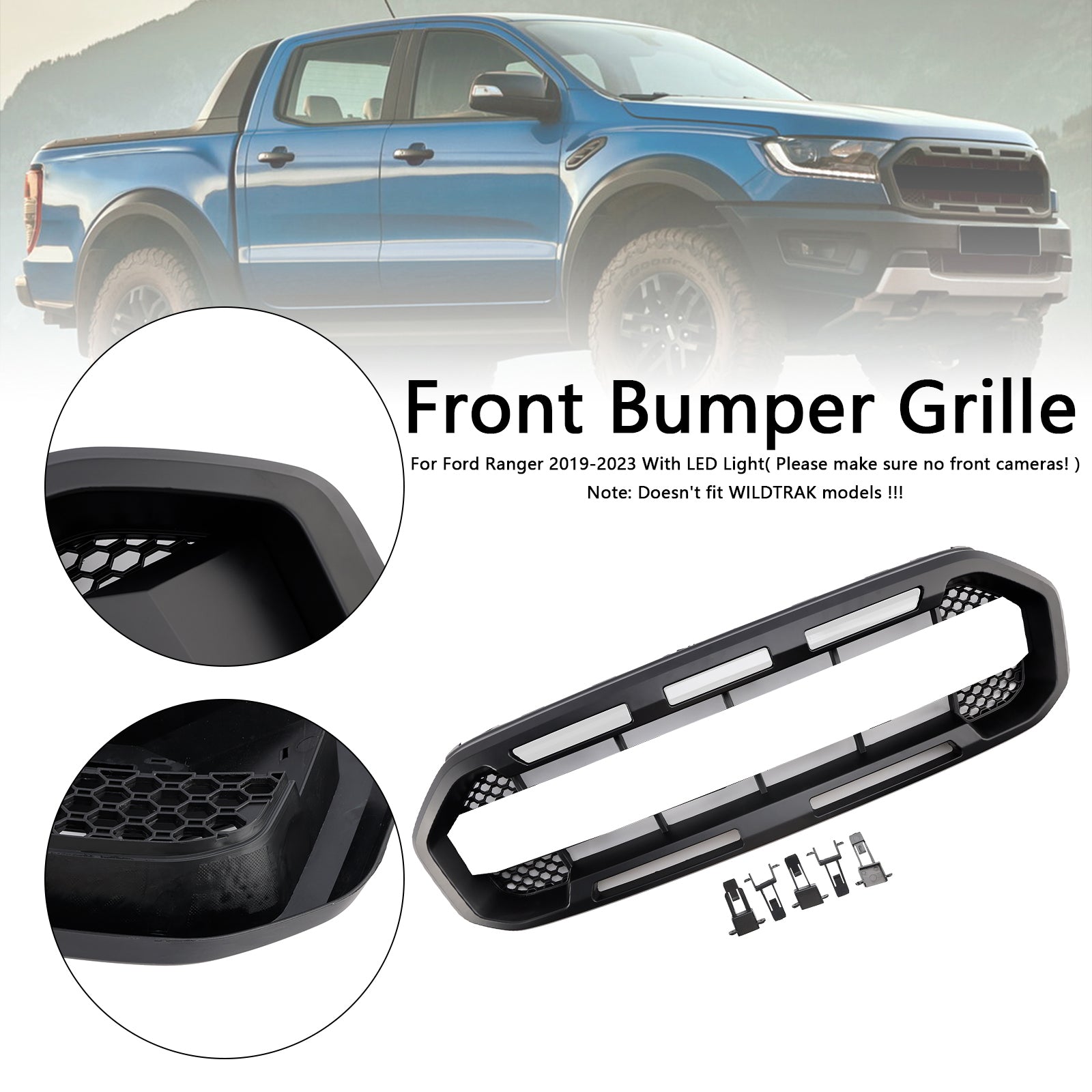 Grille de pare-chocs avant style Raptor pour Ford Ranger 2019-2023, noire