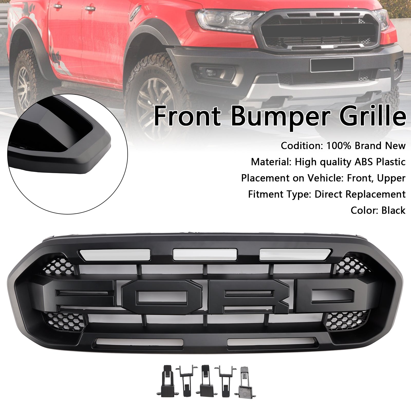 Grille de pare-chocs avant style Raptor pour Ford Ranger 2019-2023, noire