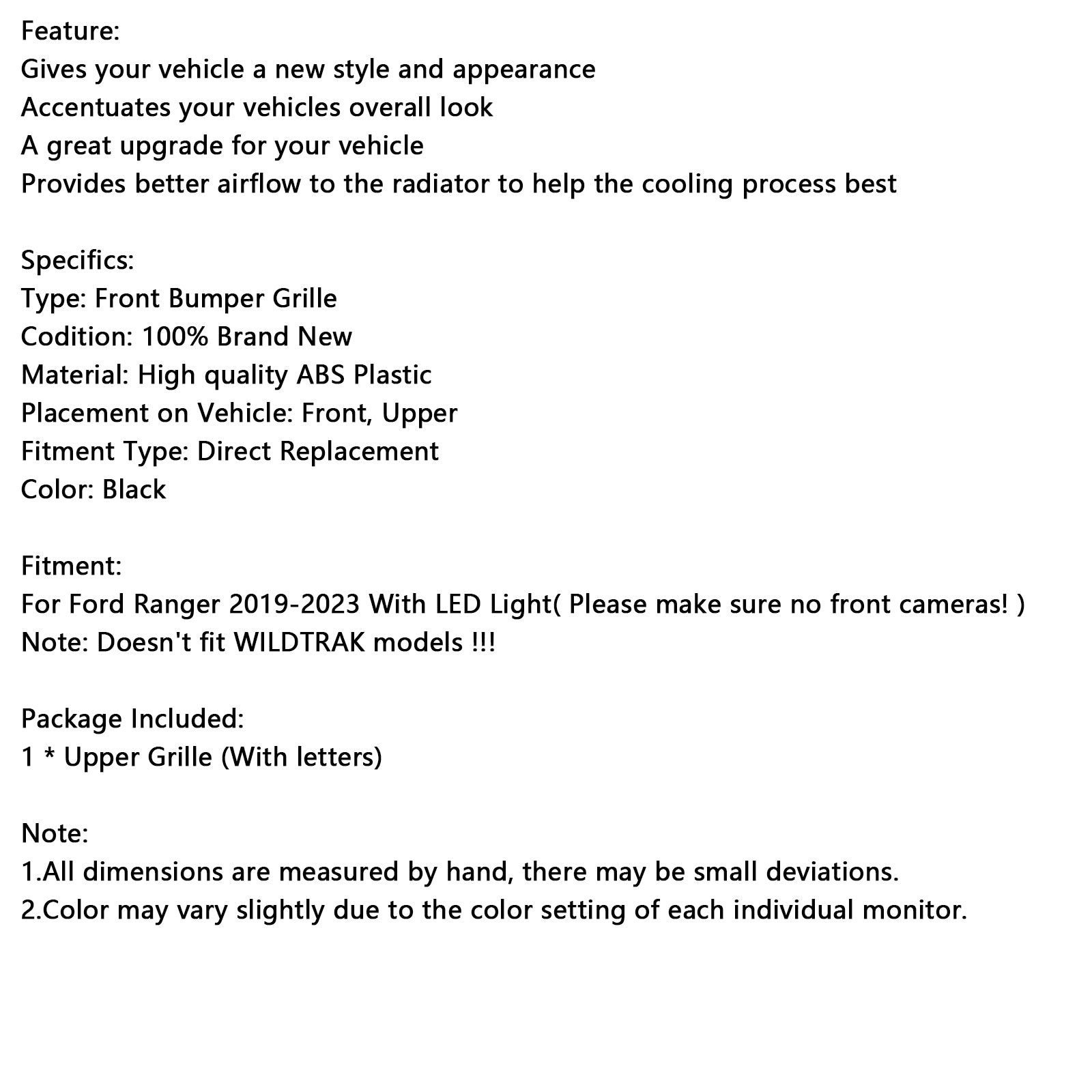 Stile Raptor della griglia del paraurti anteriore nero per Ford Ranger 2019-2023