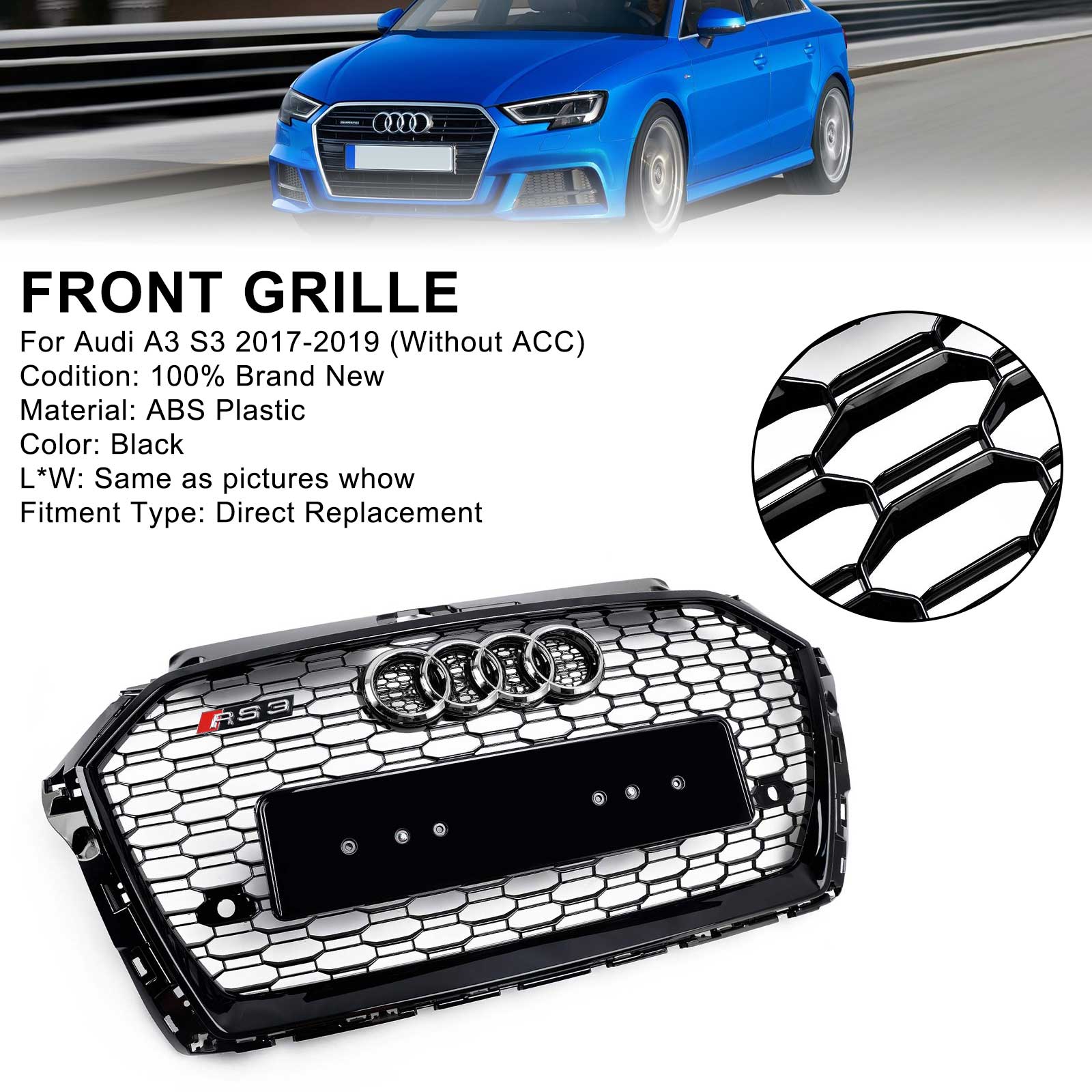 2017-2019 Audi A3 8V RS3 Grille de pare-chocs avant en maille nid d'abeille noire