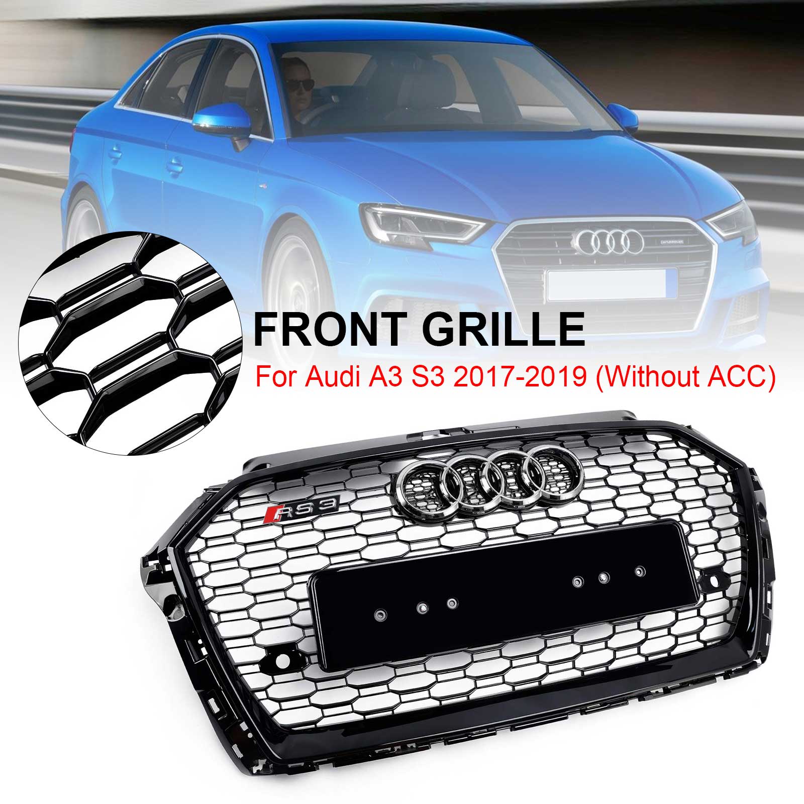 2017-2019 Audi A3 S3 8V RS3 Grille de pare-chocs avant en maille nid d'abeille Style RS3 noir