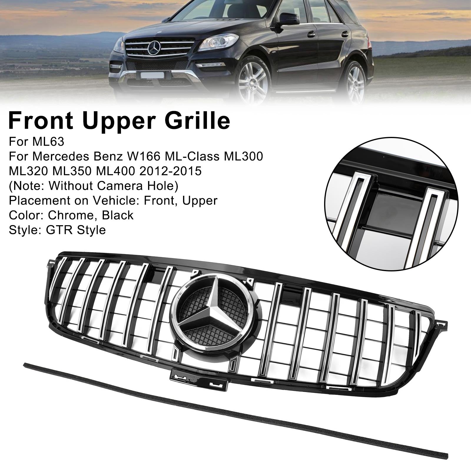 Calandre Avant Style AMG Chrome/Noir pour Mercedes Classe W166 ML (2012-2015) - ML300/320/350/400