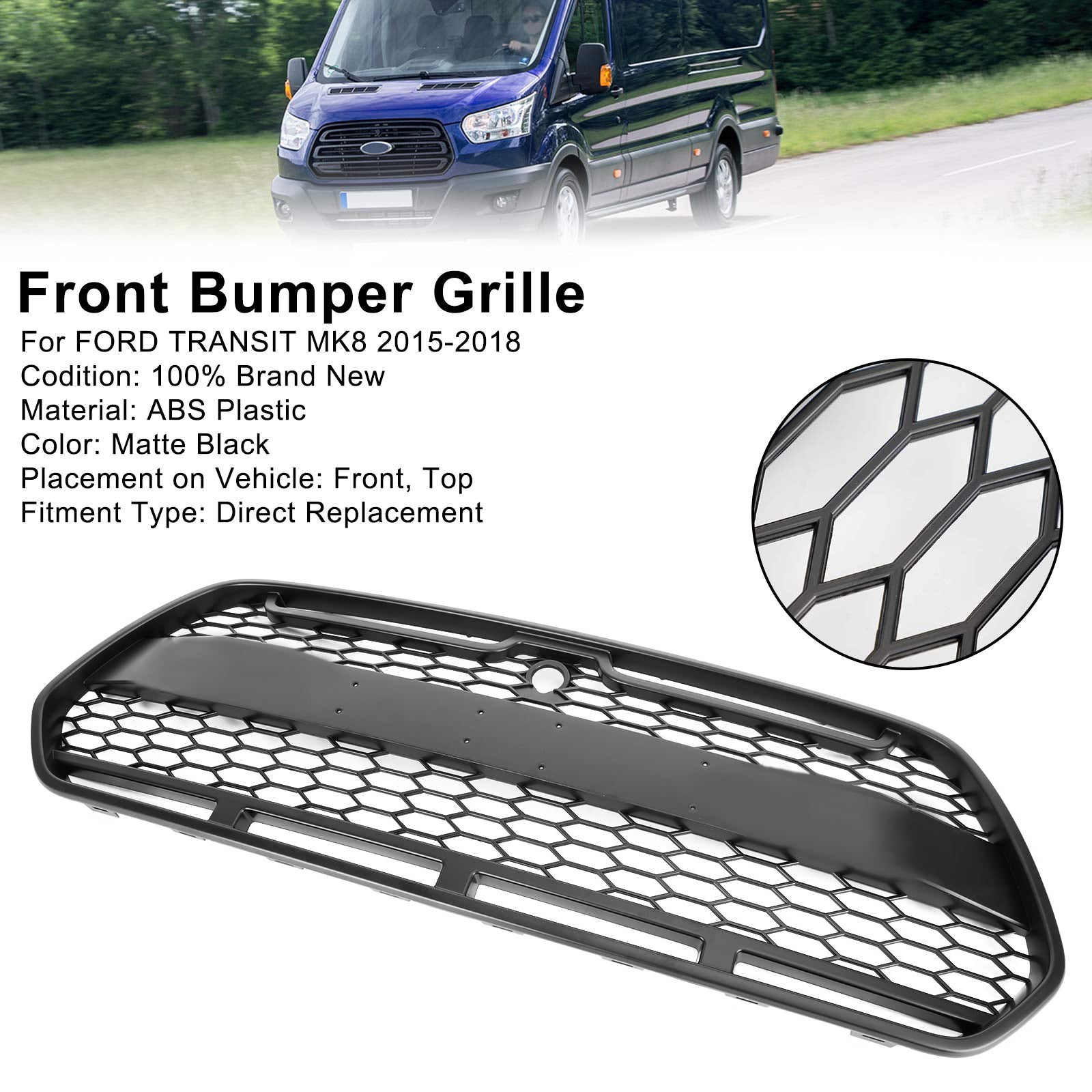 Ford Transit MK8 2015-2018 Raptor Grille de pare-chocs avant noir mat