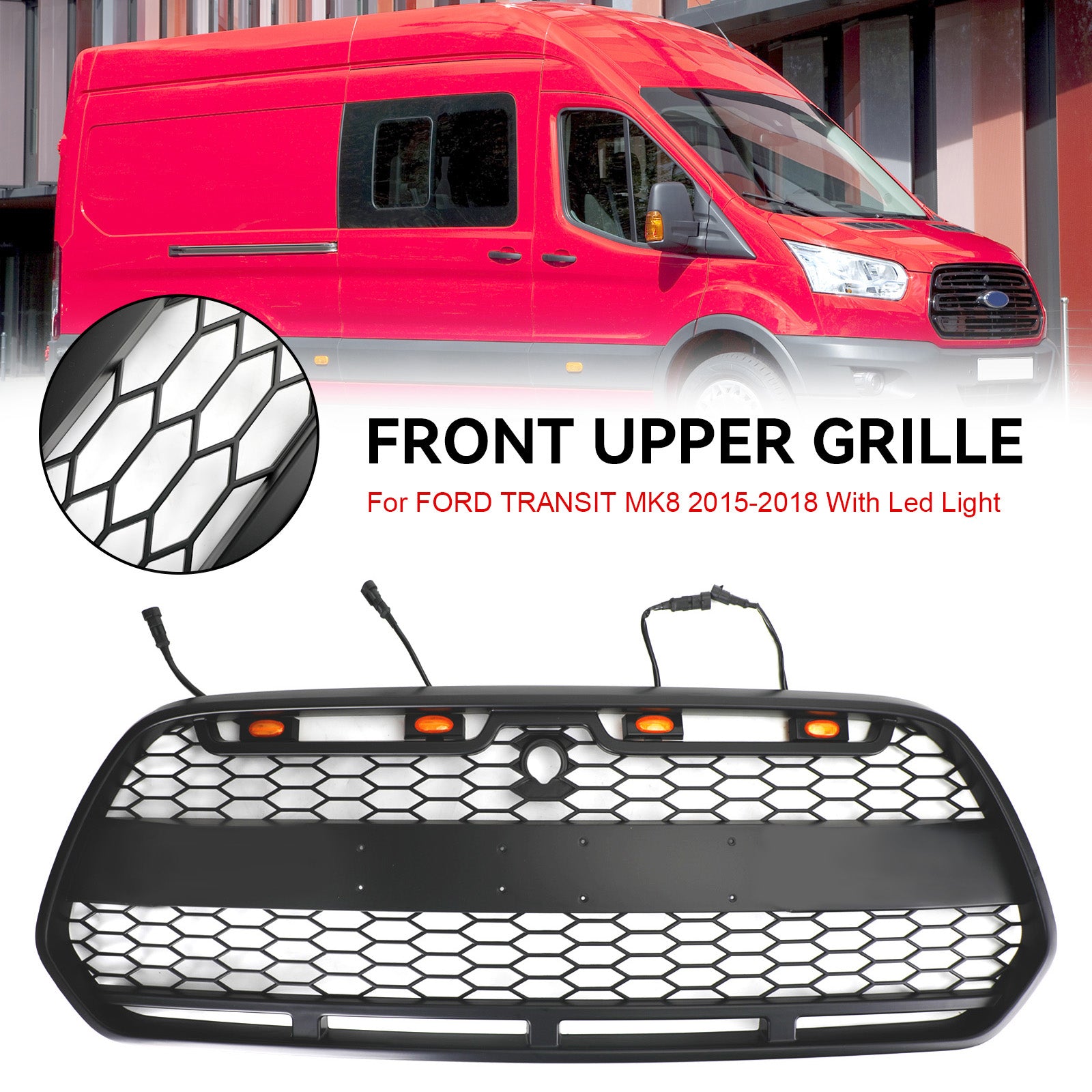 Matzwarte voorbumpergrille met LED voor Ford Transit MK8 2015-2018 Raptor