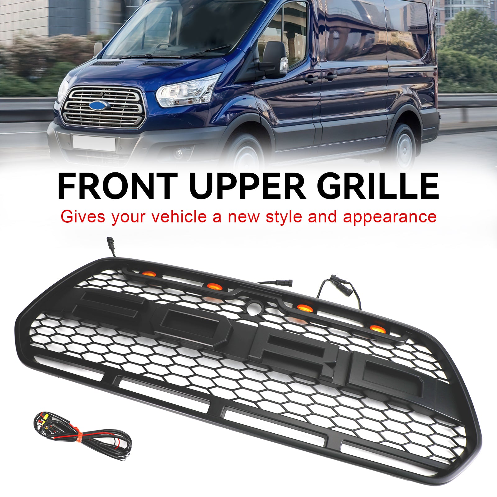 Rejilla de parachoques delantero negro mate con LED para Ford Transit MK8 2015-2018 Raptor