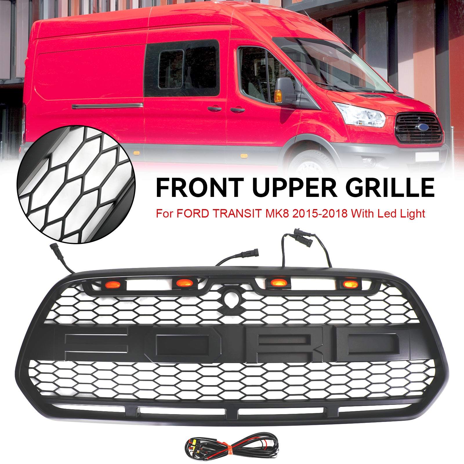 Rejilla de parachoques delantero negro mate con LED para Ford Transit MK8 2015-2018 Raptor