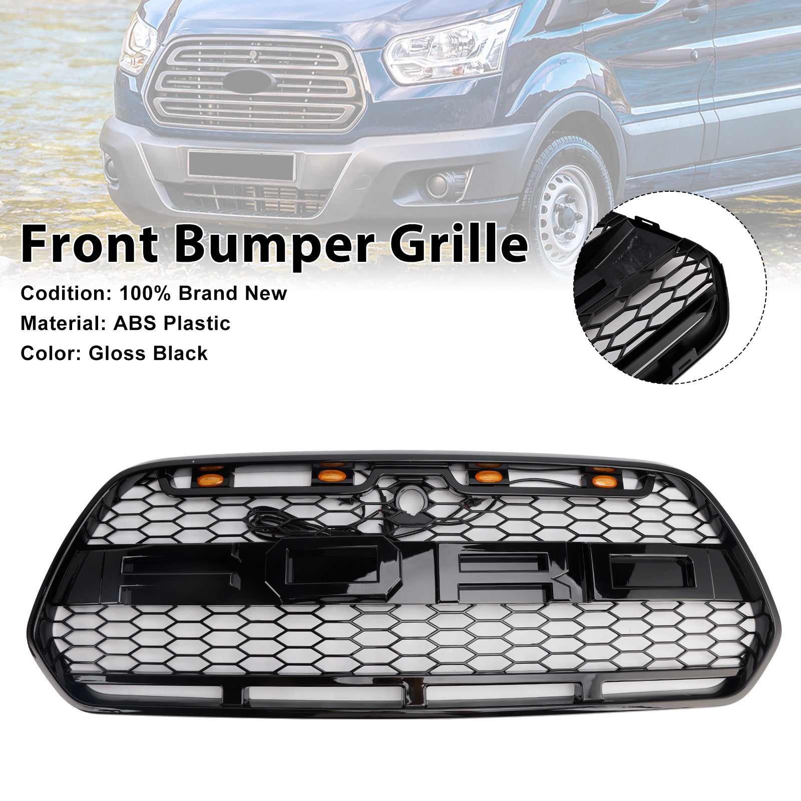 Grille de Bumper Black Front Błyszcząca LED dla Ford Transit MK8 Raptor 2015-2018