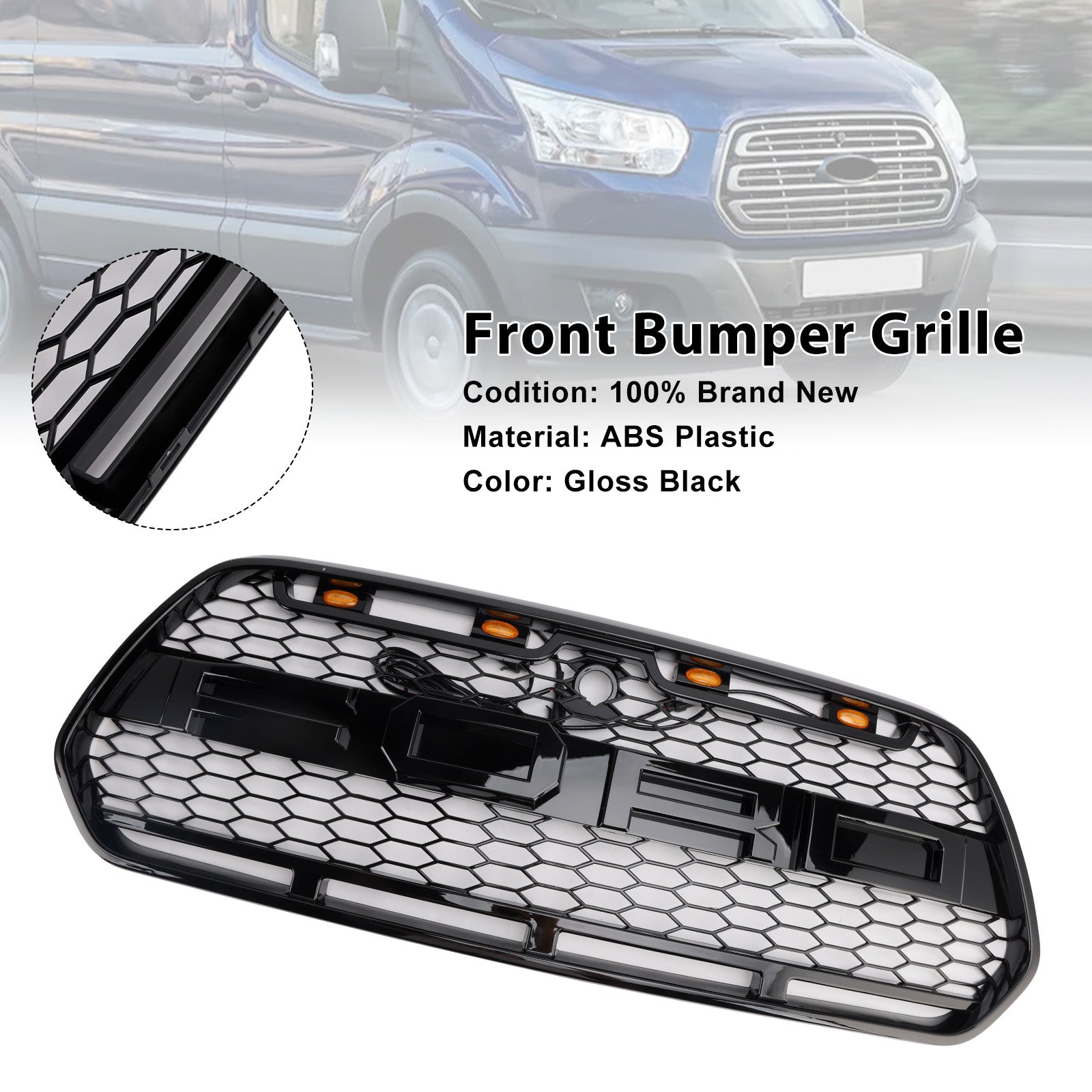 Grille de Bumper Black Front Błyszcząca LED dla Ford Transit MK8 Raptor 2015-2018