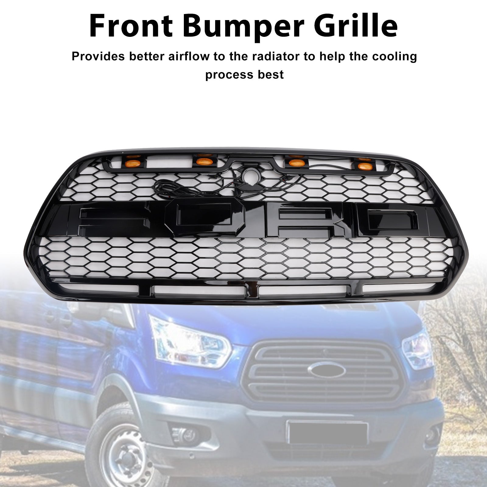 Grille de Bumper Black Front Błyszcząca LED dla Ford Transit MK8 Raptor 2015-2018