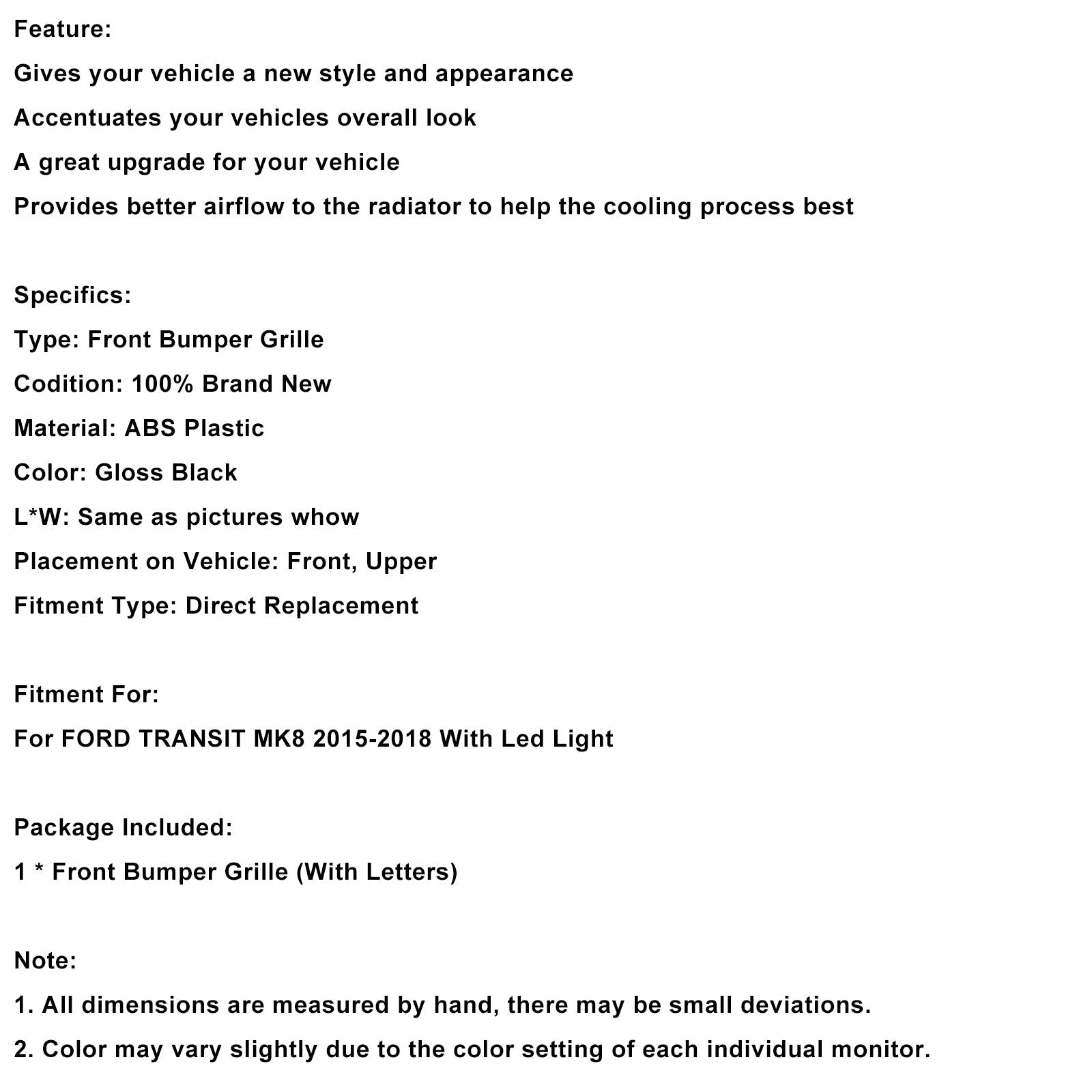 Grille de Bumper Black Front Błyszcząca LED dla Ford Transit MK8 Raptor 2015-2018