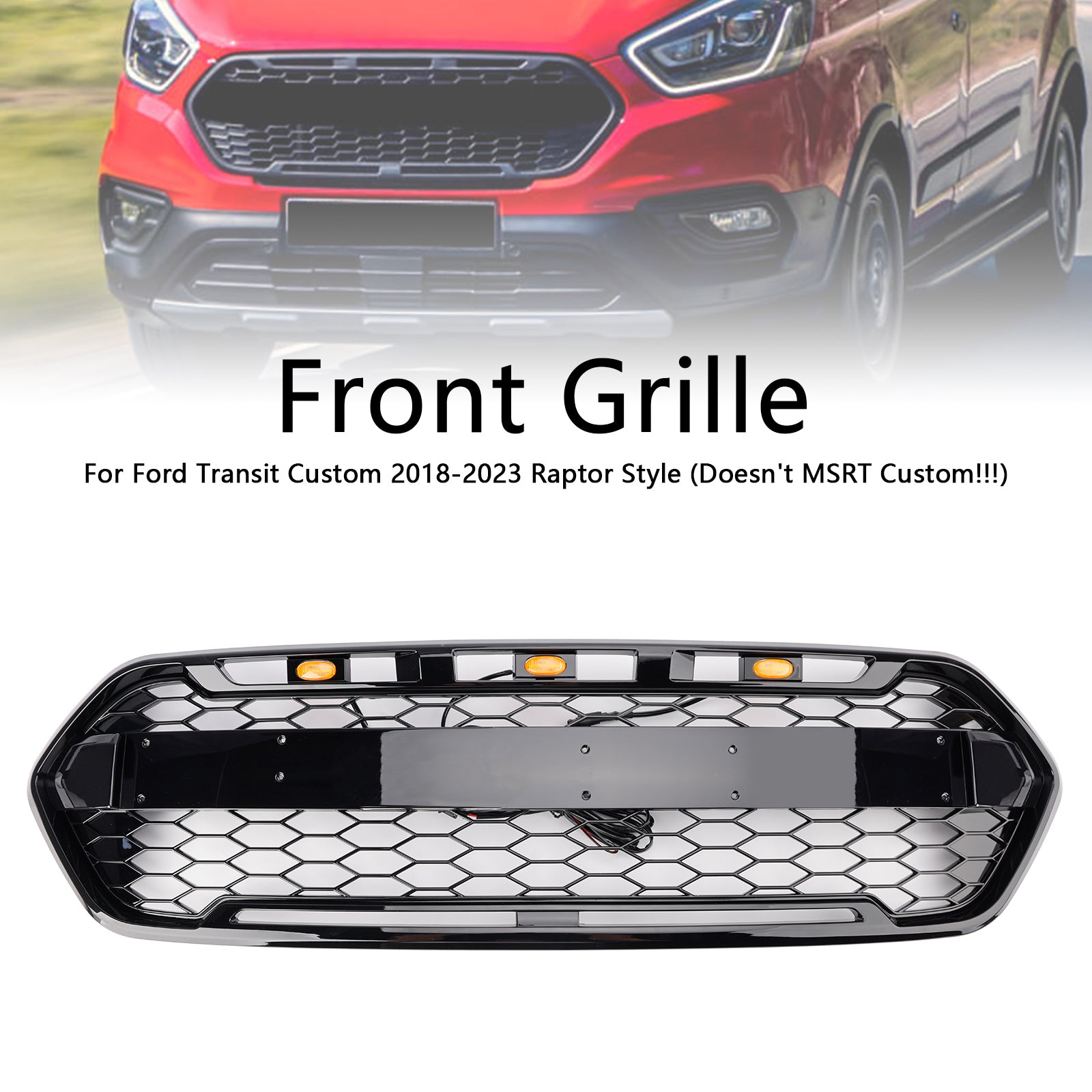 Ford Transit Custom Trail 2018-2023 con griglia anteriore a 3 LED nera lucida