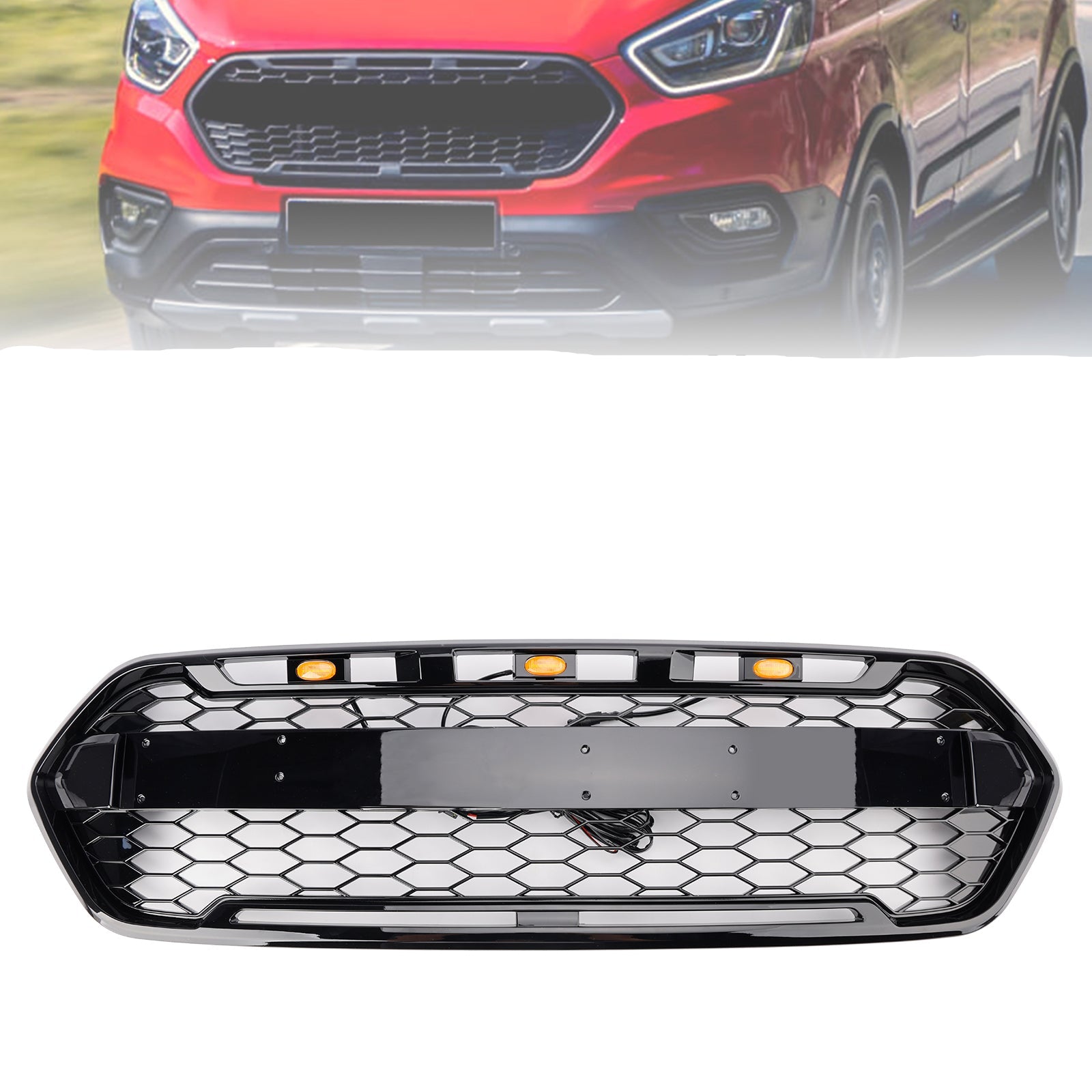 Grille avant style Raptor en nid d'abeille noir brillant pour pare-chocs supérieur Ford Transit Custom / Tourneau Custom (2018-2023)