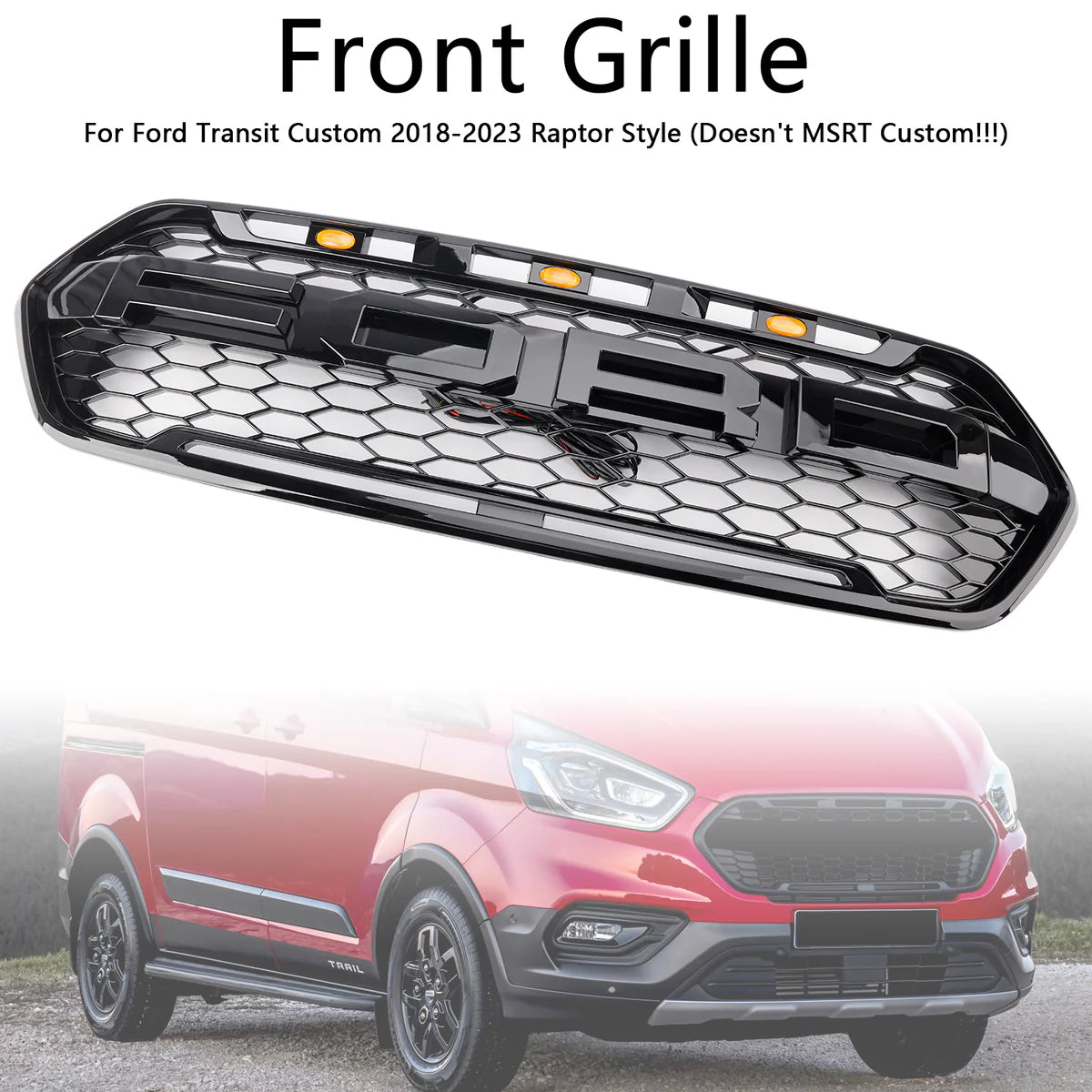 Grilla de parachoques delantero negro brillante para Ford Transit Custom Trail 2018-2023 con 3LED
