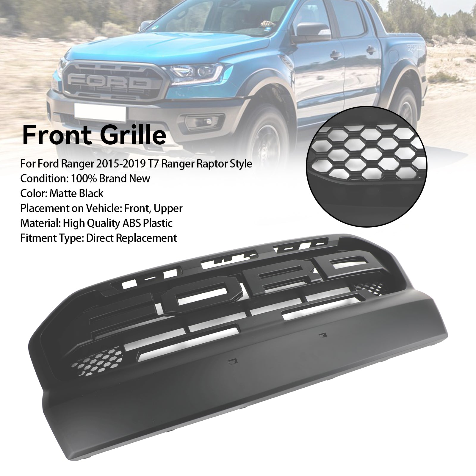 Grille de pare-chocs avant de style Ford Ranger T7 Ranger Raptor 2015-2019, noir mat