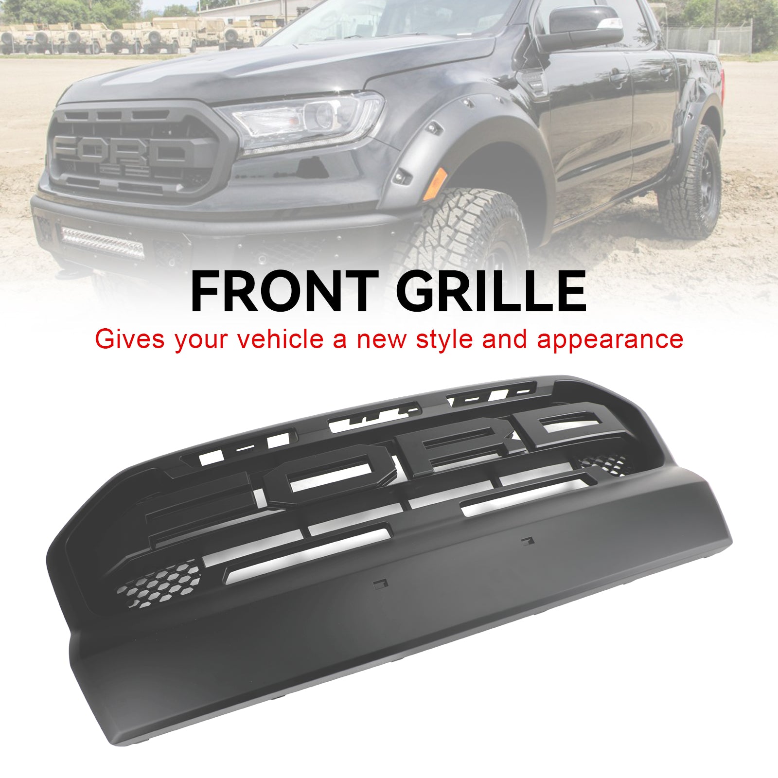 Grille de pare-chocs avant de style Ford Ranger T7 Ranger Raptor 2015-2019, noir mat