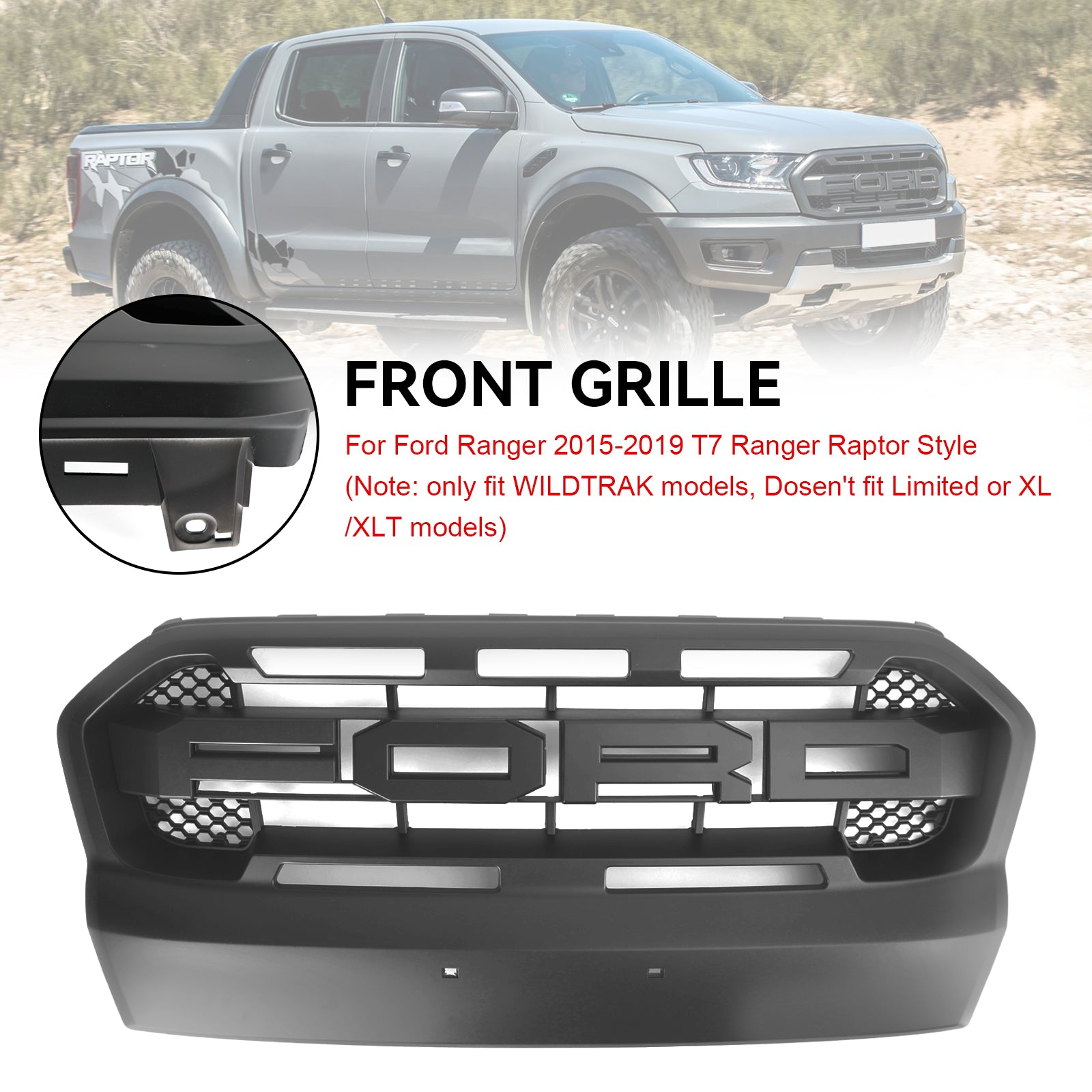 Grille de pare-chocs avant de style Ford Ranger T7 Ranger Raptor 2015-2019, noir mat