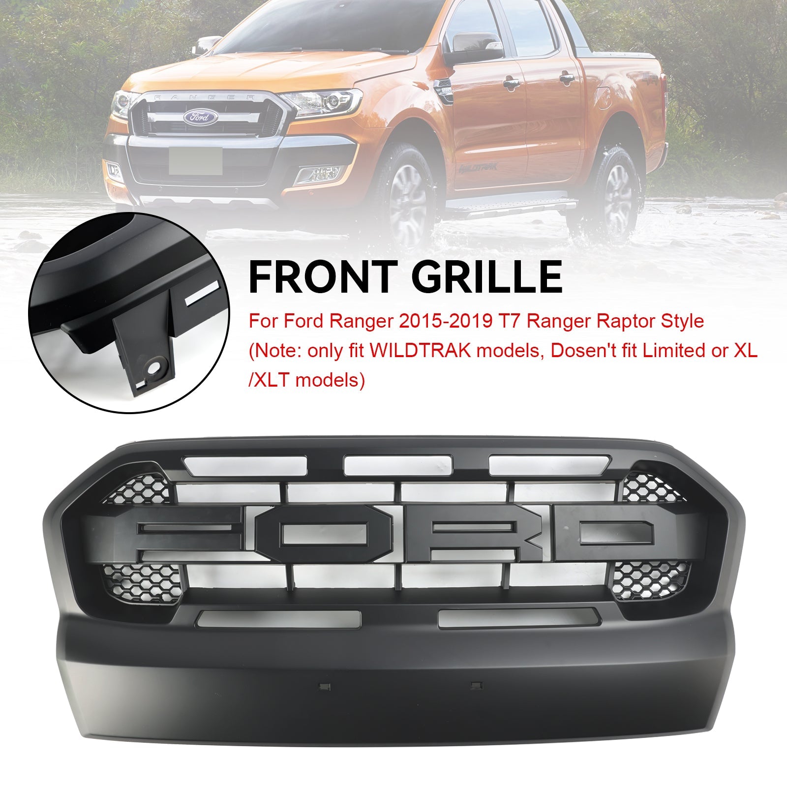 Remplacement de la calandre avant pour Ford Ranger T7 Wildtrak 2015-2019 en style Raptor, grille noir mat