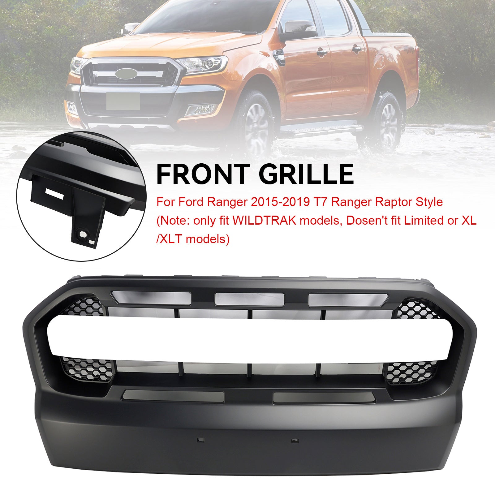 Grille Ford Ranger T7 2015 2019 Raptor Style Mat Zwart Compatibel met alle modellen