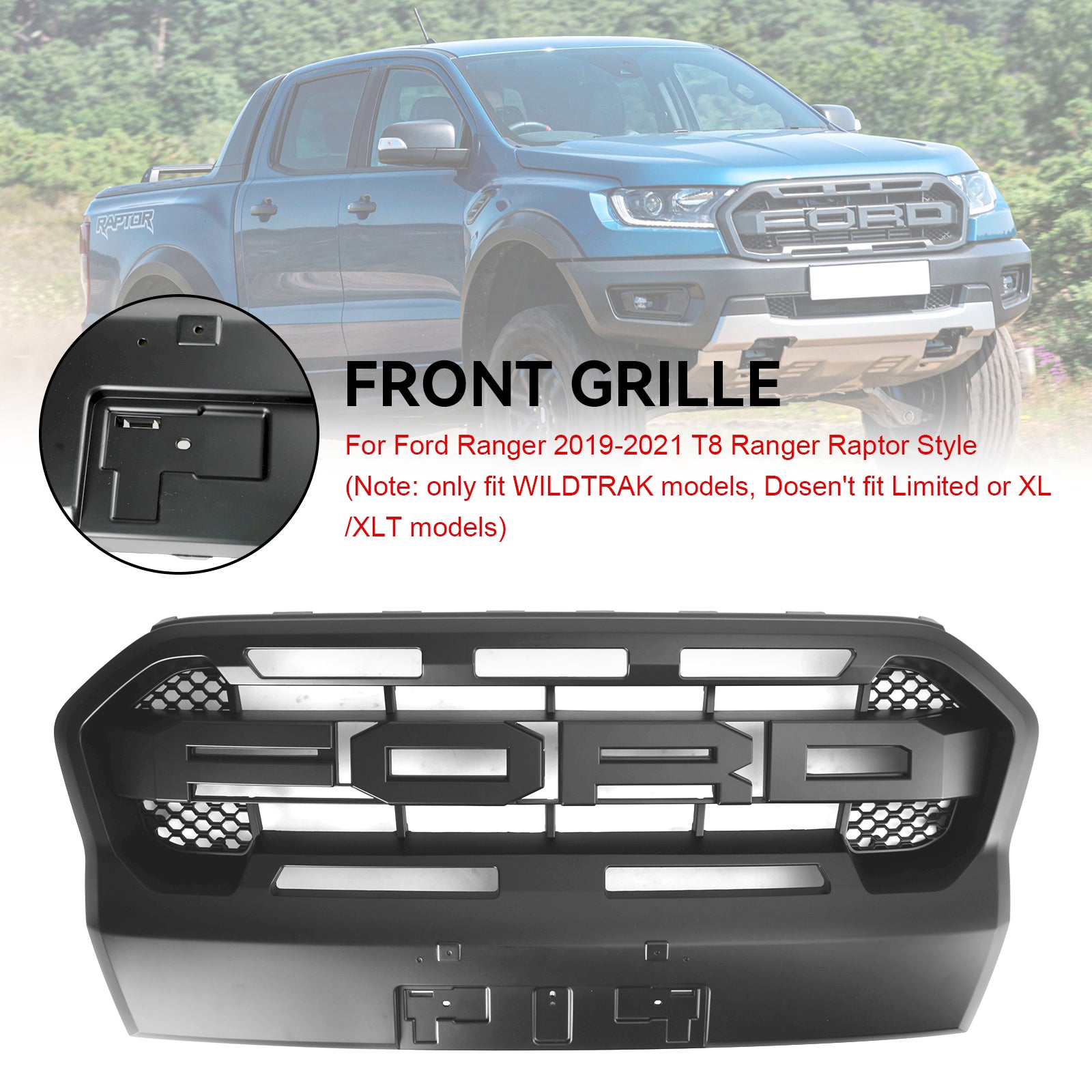 Parrilla de parachoques delantero negra mate estilo Ranger Raptor 2019-2023 T8 Ford Ranger