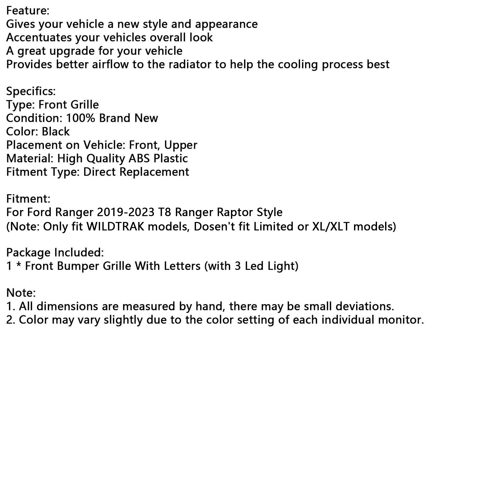 Sprednja rešetka Ford Ranger T8 2019 2023 Raptor Style z LED osvetlitvijo