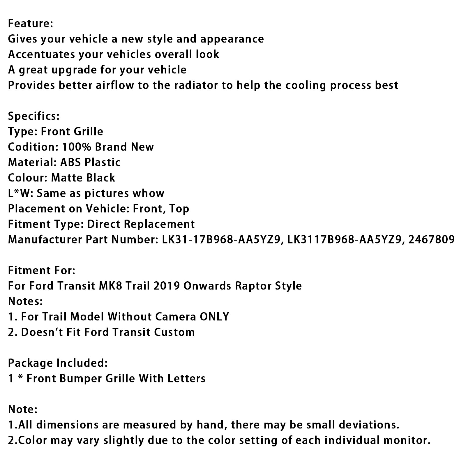 Grill przedniego zderzaka w stylu Raptor 2467809 dla Ford Transit MK8 Trail 2019+