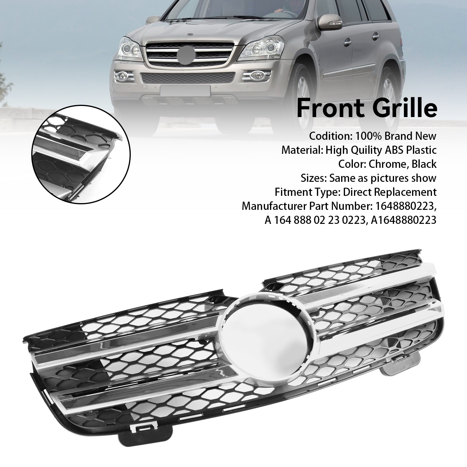 Calandre de pare-chocs avant pour Mercedes Benz GL-Klasse X164 GL450 2007-2012, chrome